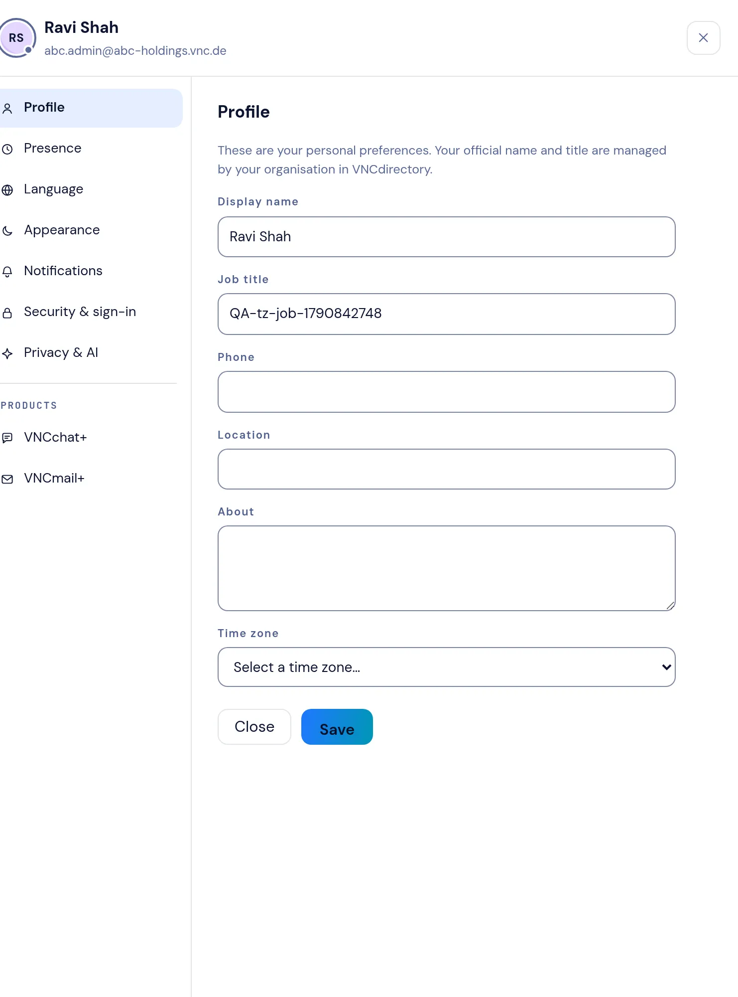 The My account & settings drawer — Profile, Presence, Language, Appearance, Notifications, Security & sign-in, Privacy & AI, and the product panes