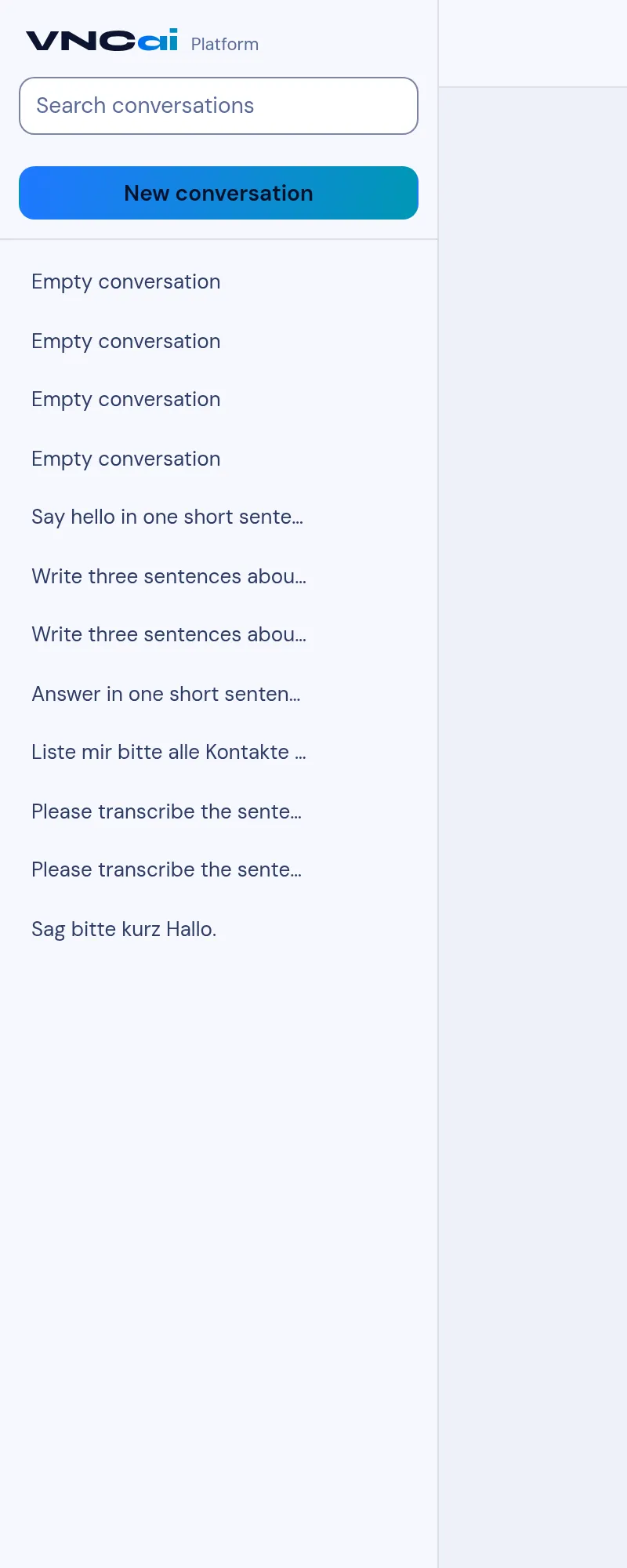 The VNCai sidebar: Search conversations, New conversation and the conversation list