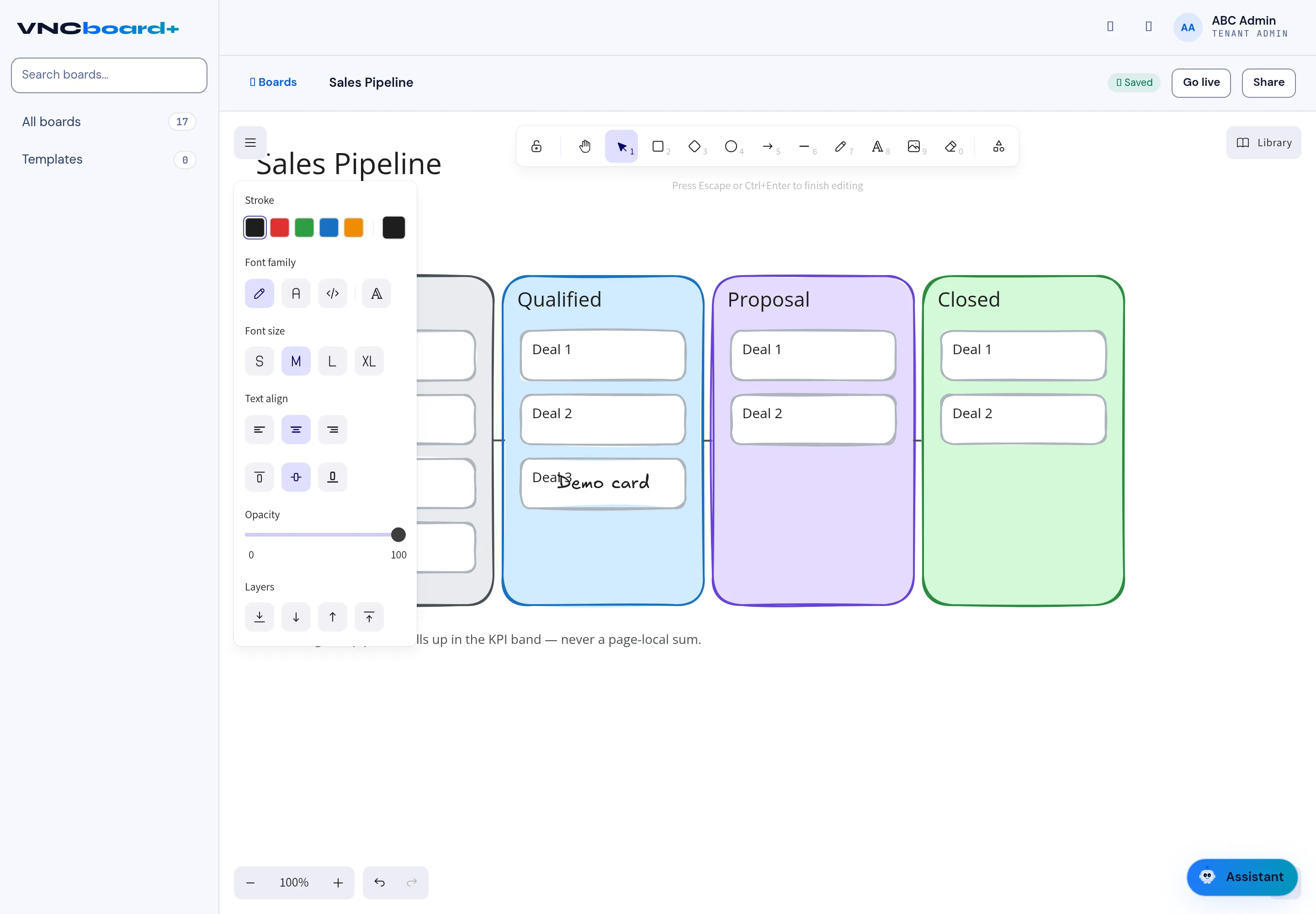 Editing a text element on a board, with the text style panel open
