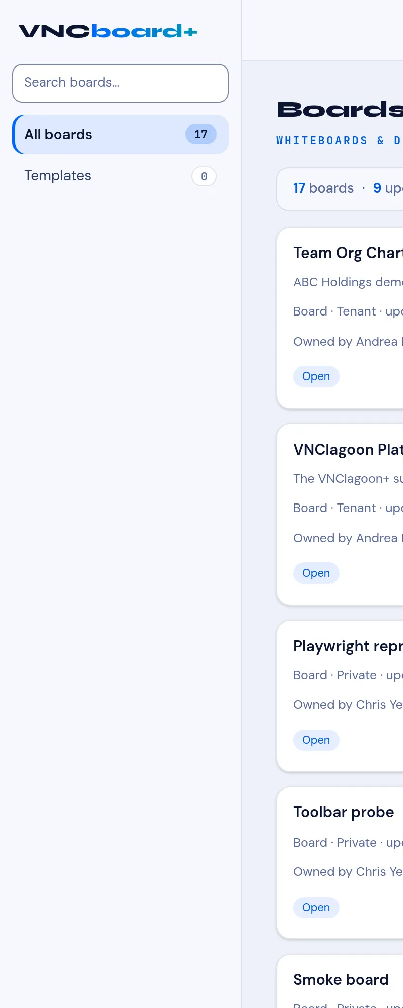 The VNCboard+ sidebar: search, All boards and Templates