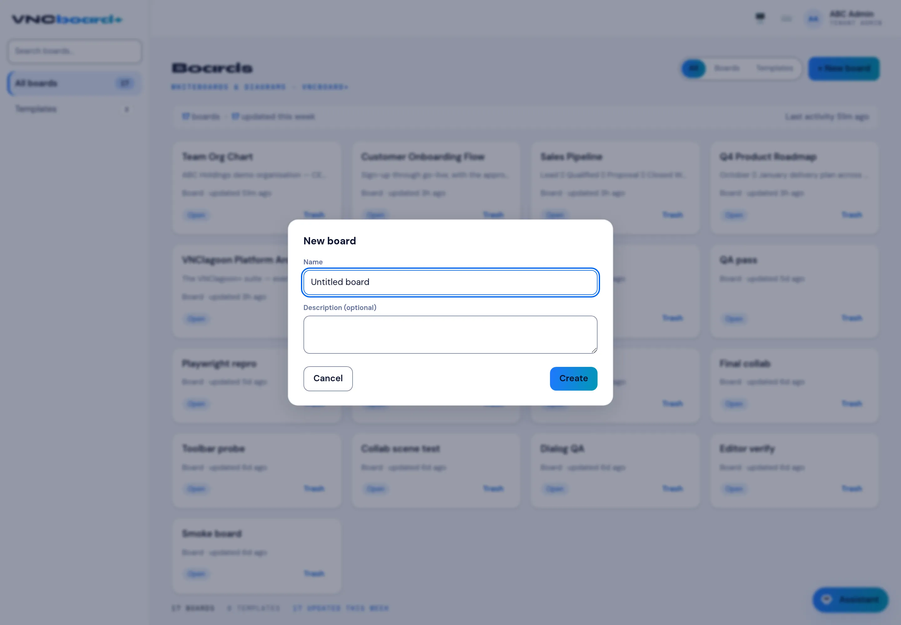 The New board dialog in VNCboard+