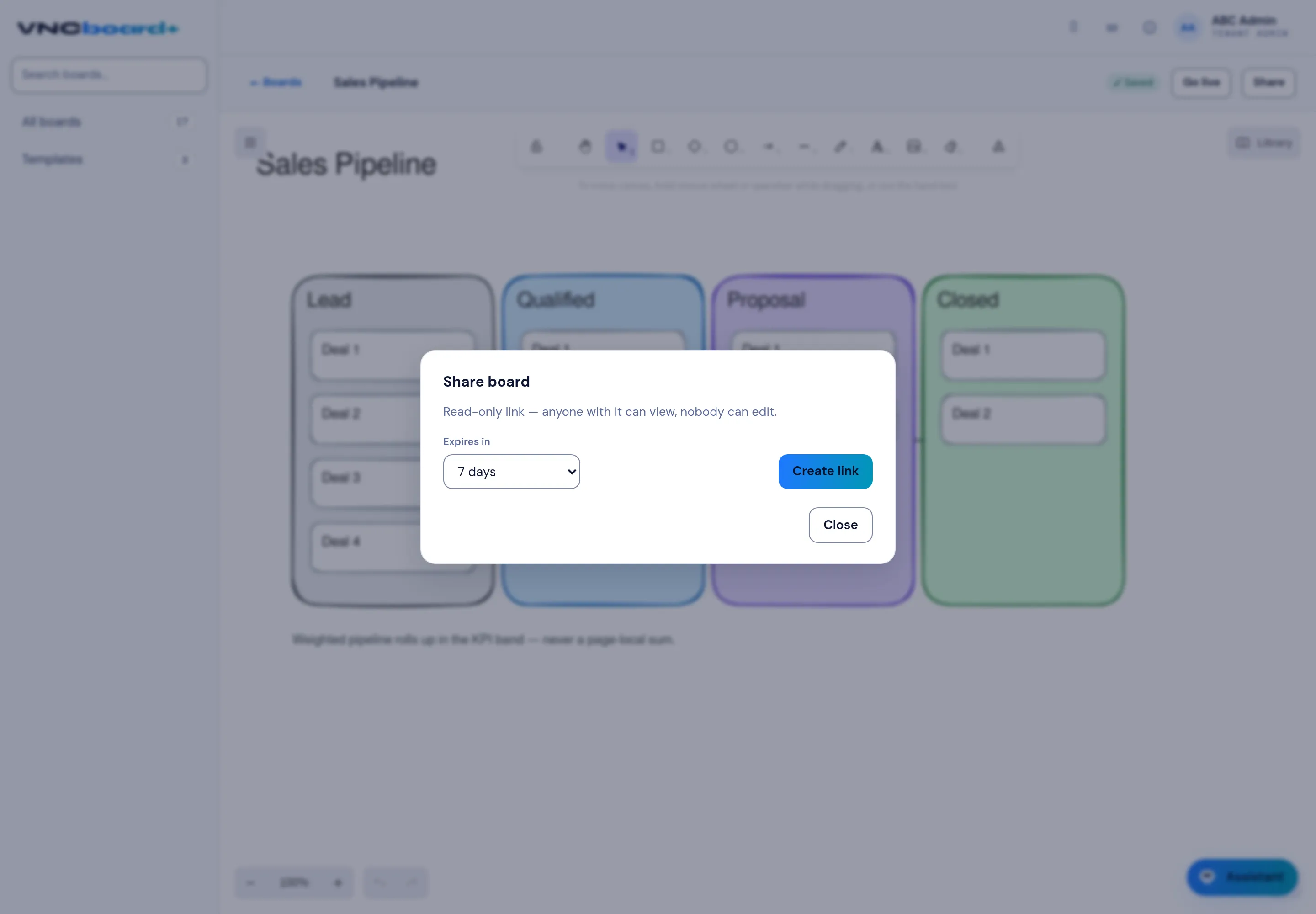 The Share board dialog with the expiry and Create link