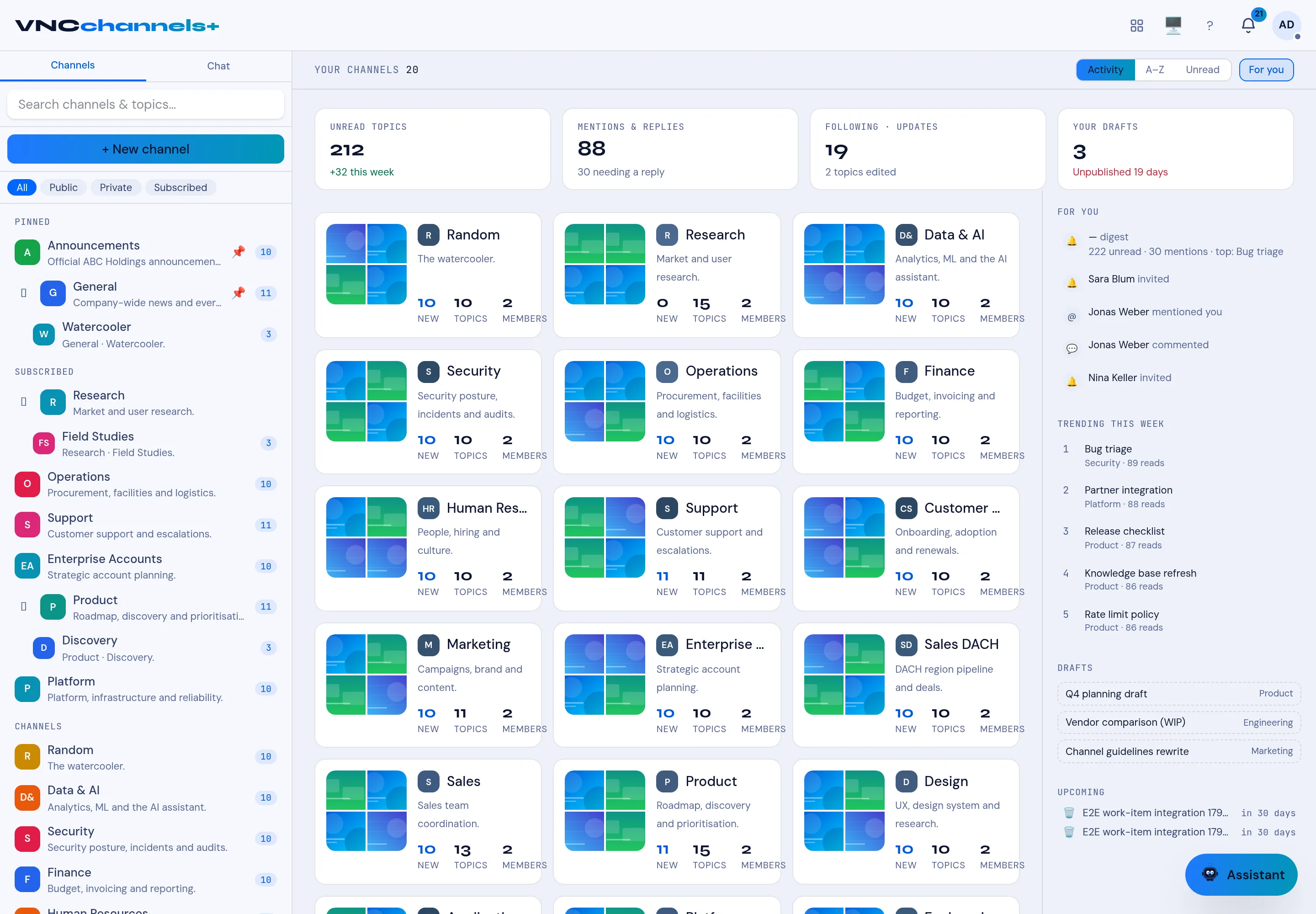 The VNCchannels+ home page: KPI band, channel cards and the For you rail