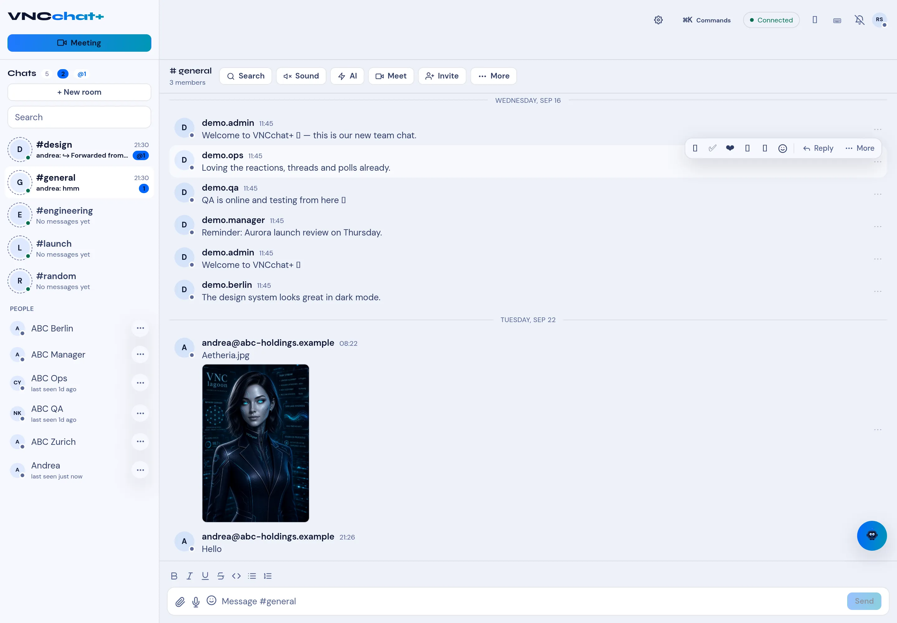 A VNCchat room with the header, a message action bar and the composer