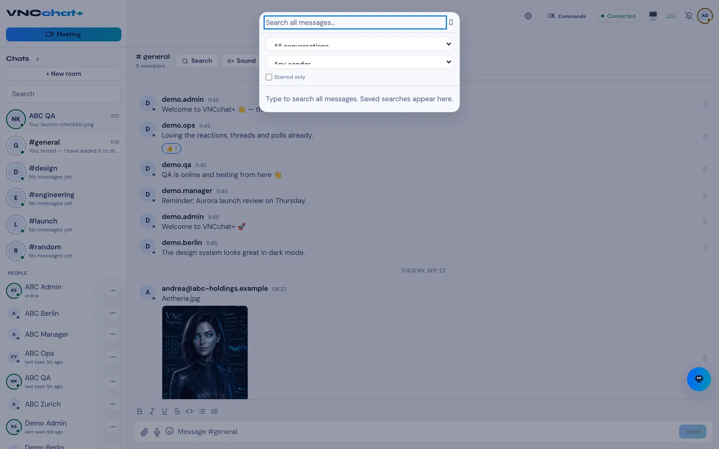 The search dialog with conversation, sender and starred-only filters