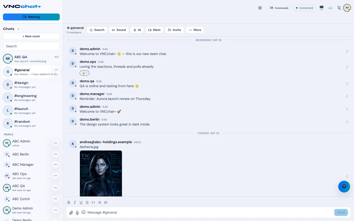 The VNCchat workspace: conversation and room list, People, and the message composer
