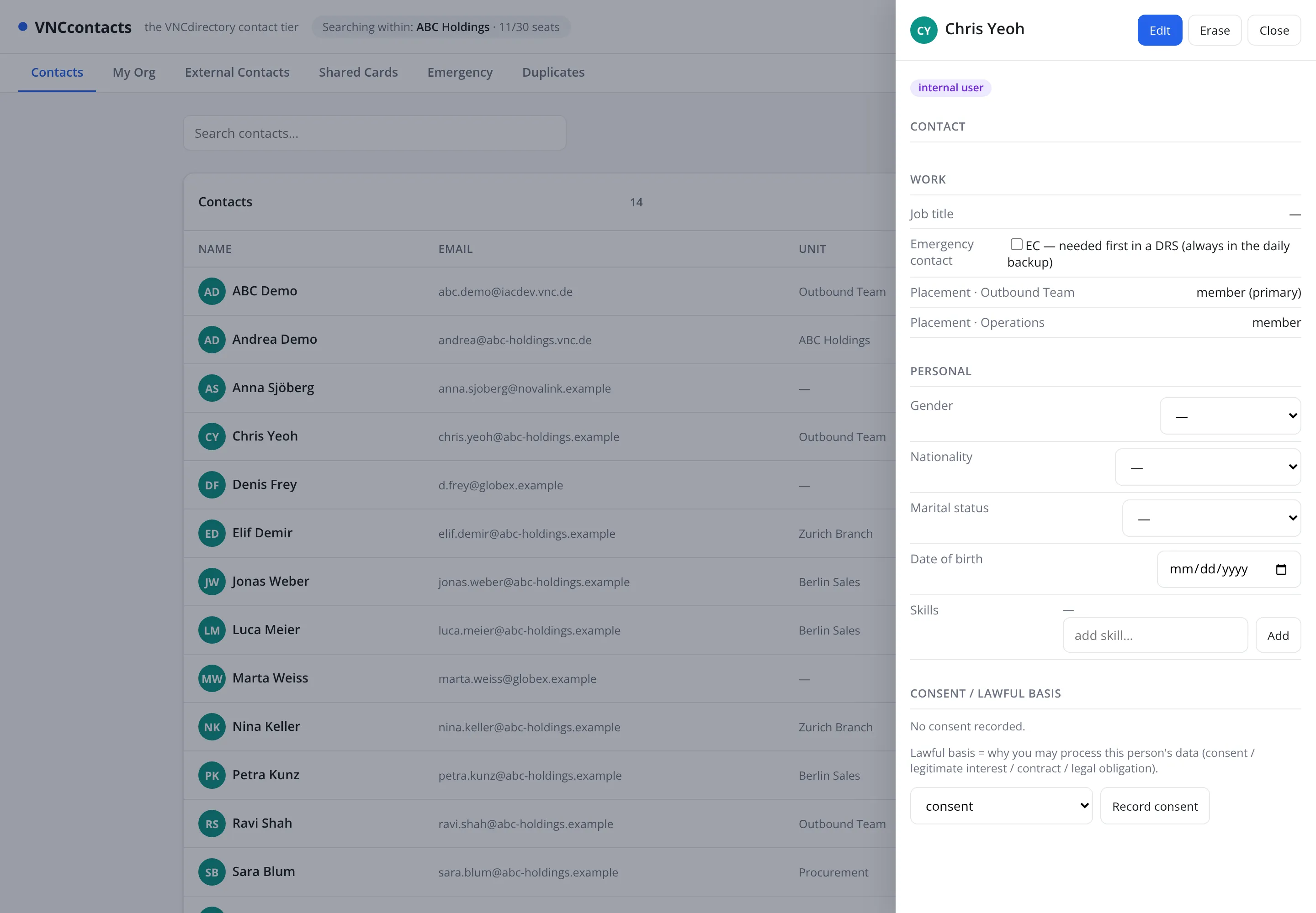 The contact detail panel with Work, Personal and Consent sections