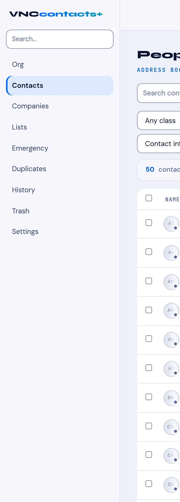 The VNCcontacts+ sidebar: Org, Contacts, Companies, Lists, Emergency, Duplicates, History, Trash, Settings