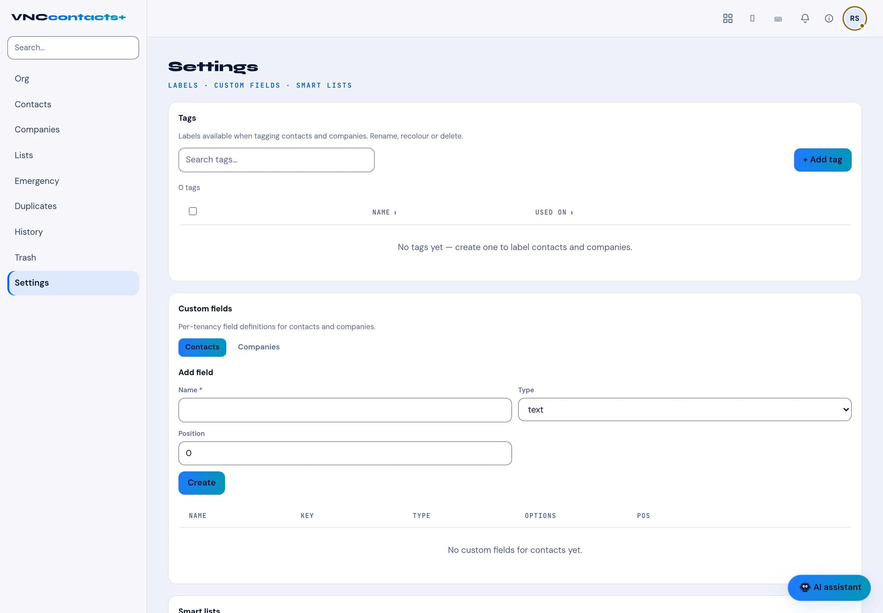 Contact settings with tags, custom fields and smart lists