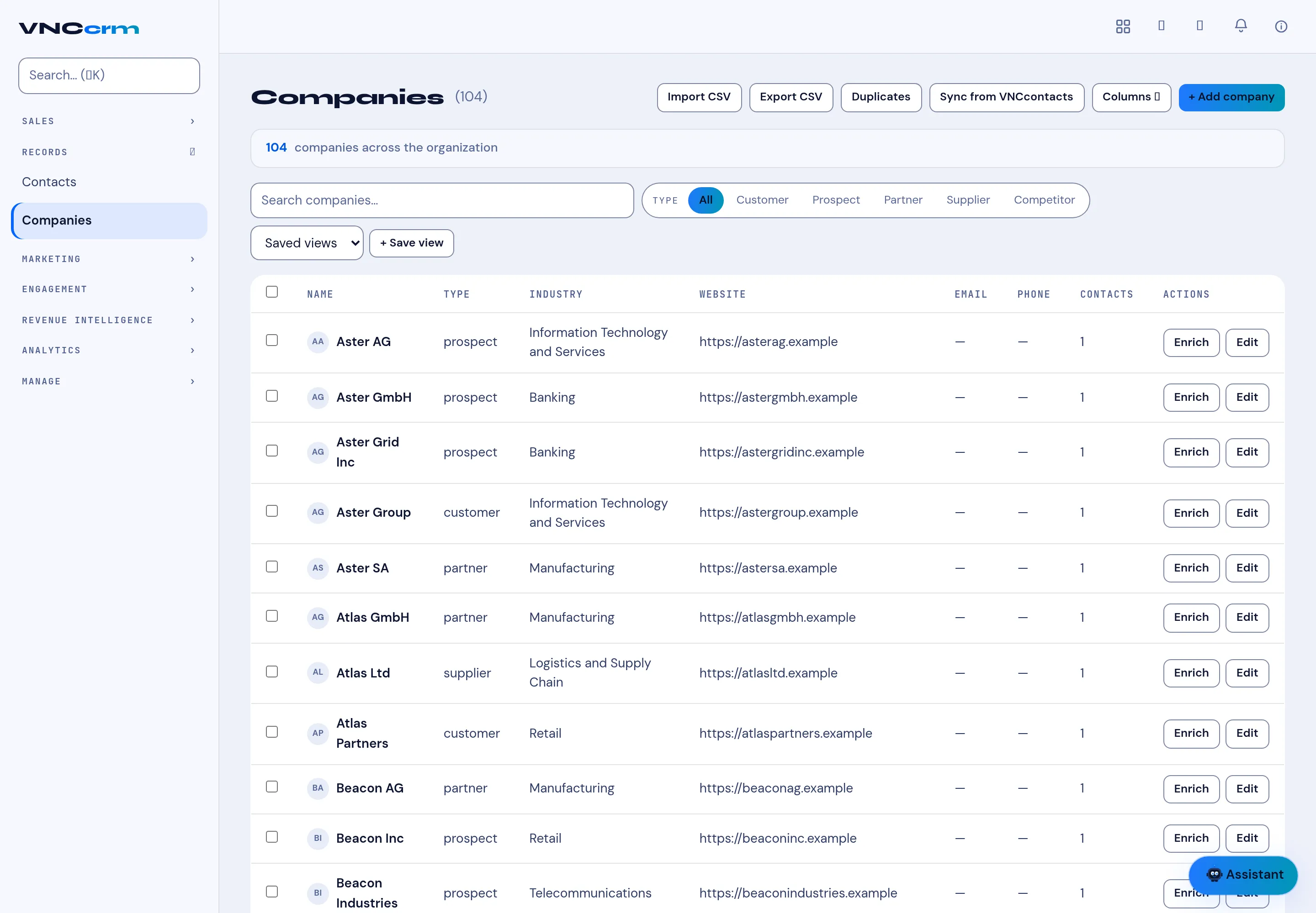 The Companies list with type filters and per-row Enrich and Edit