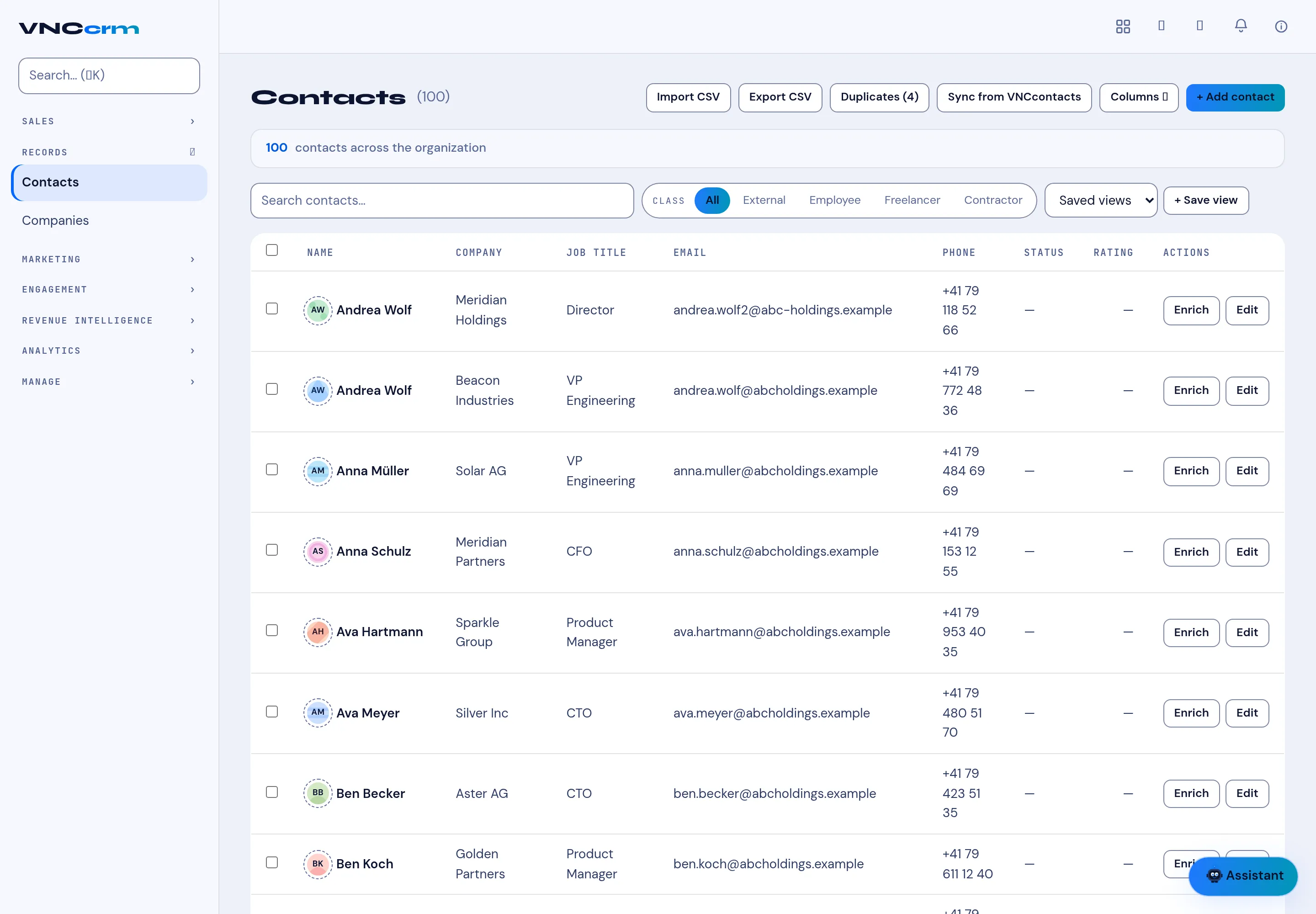 The CRM Contacts list with import/export, sync, duplicates and enrich