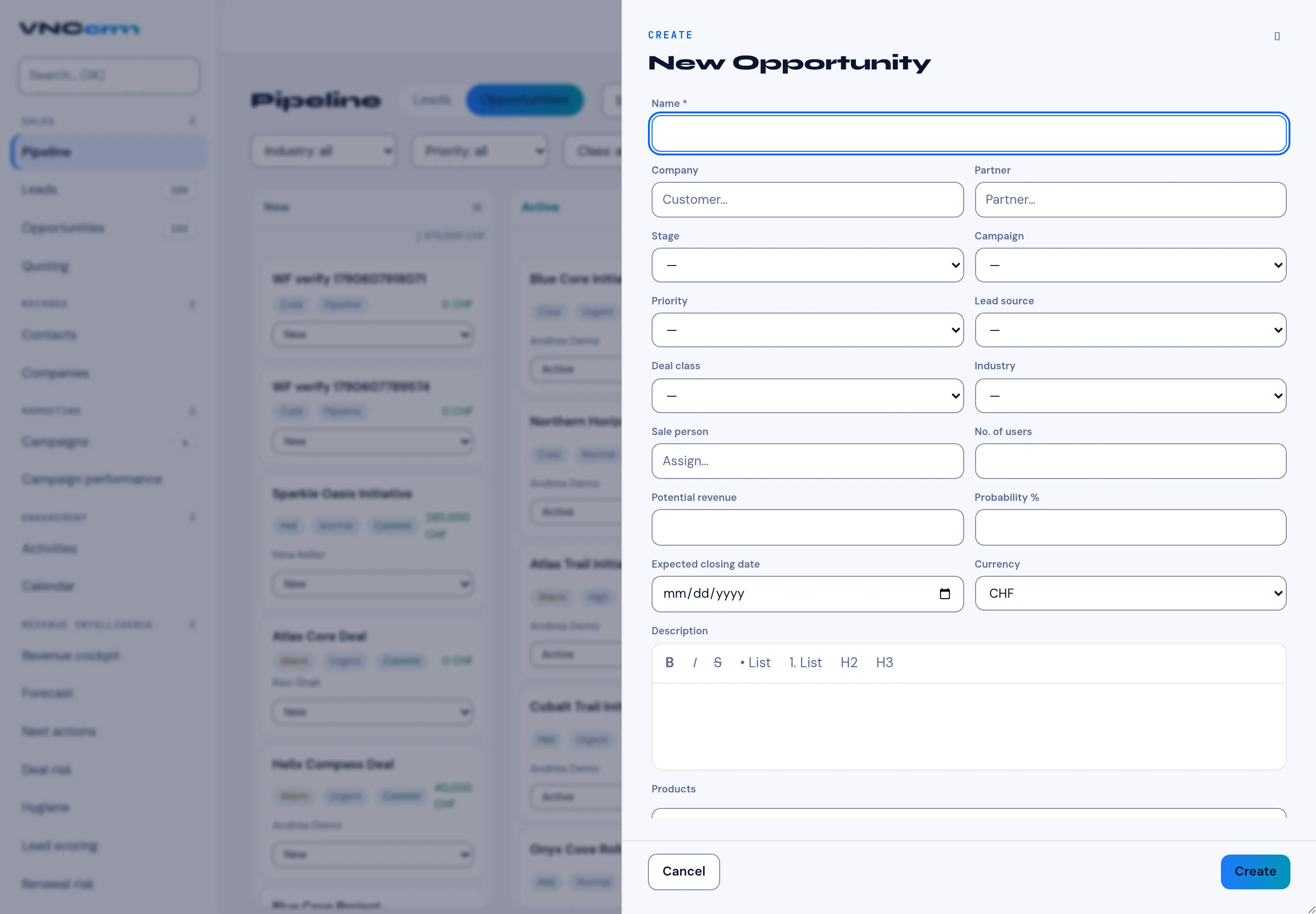 The New Opportunity panel with company, stage and value fields