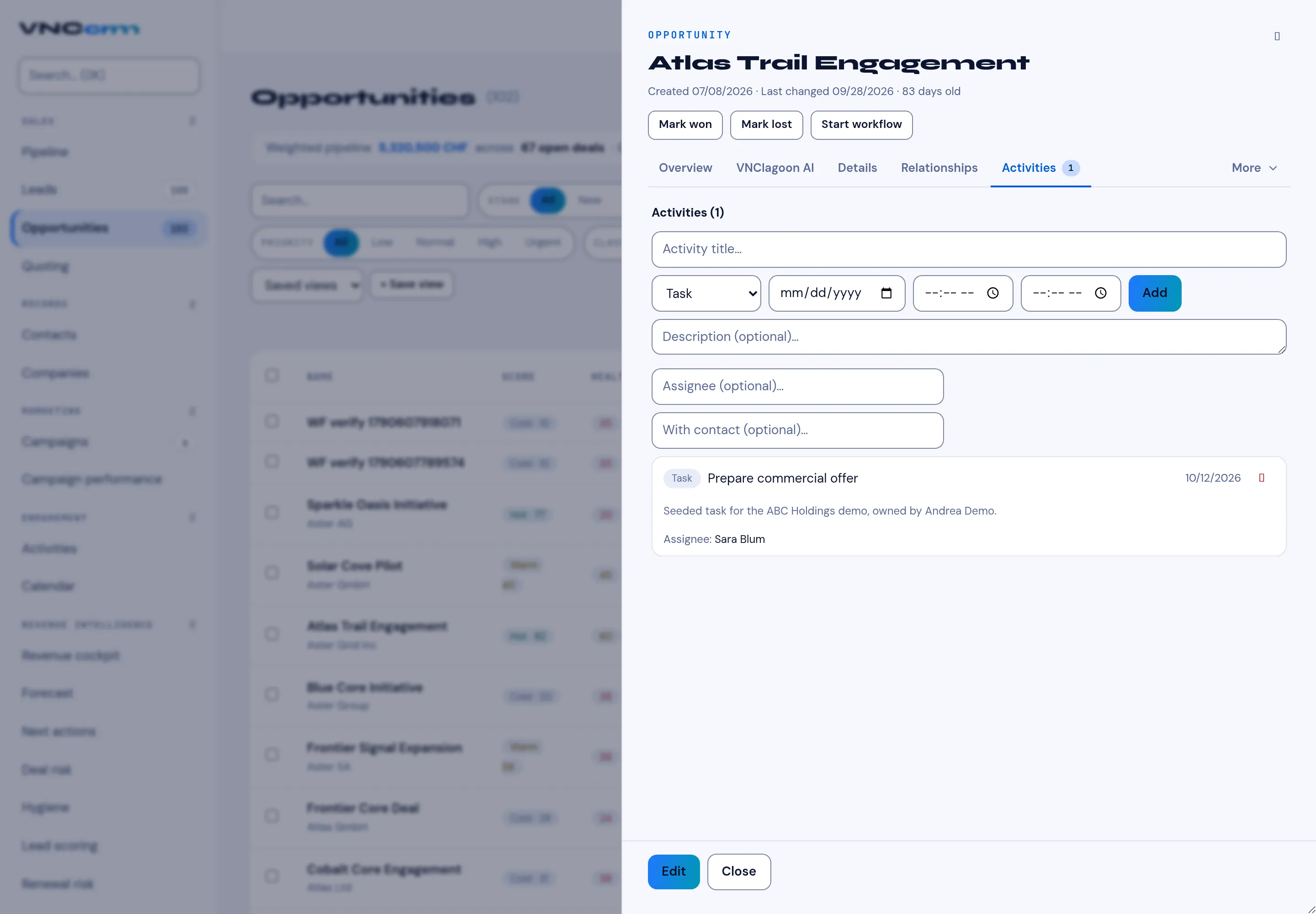 A deal’s Activities tab with the inline add form and the activity feed