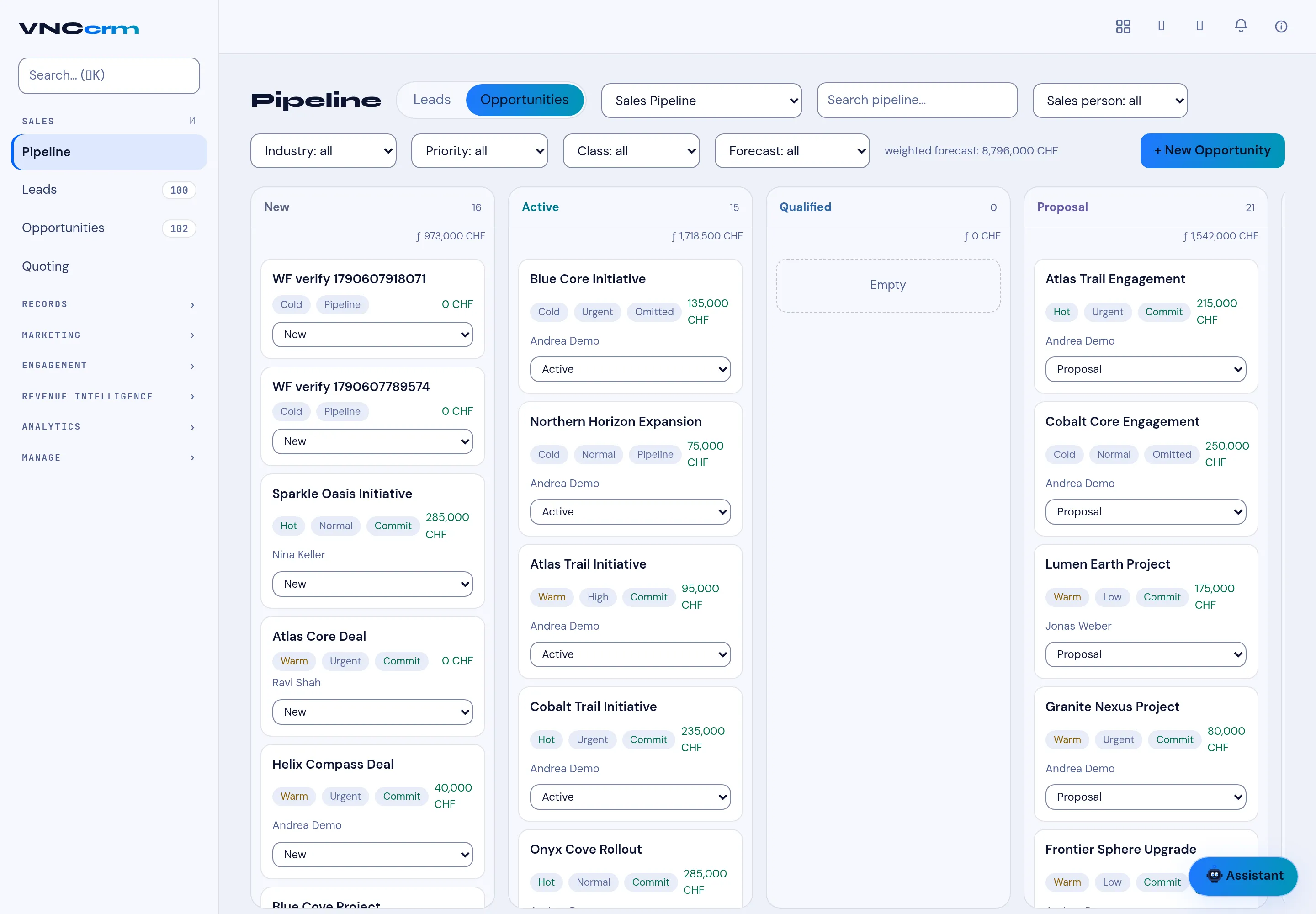 The VNCcrm pipeline with stage columns and deal cards