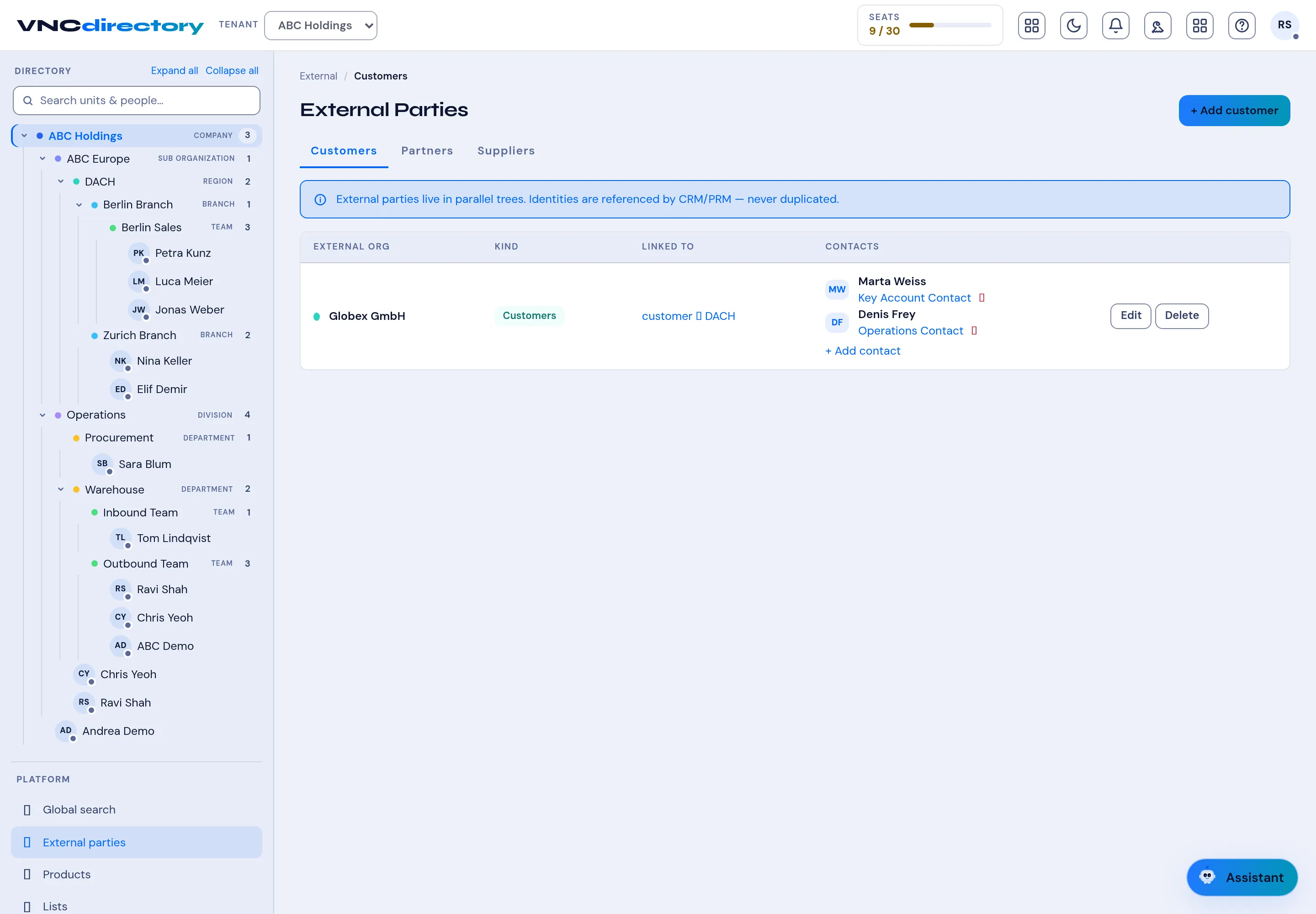The External Parties view with Customers, Partners and Suppliers tabs