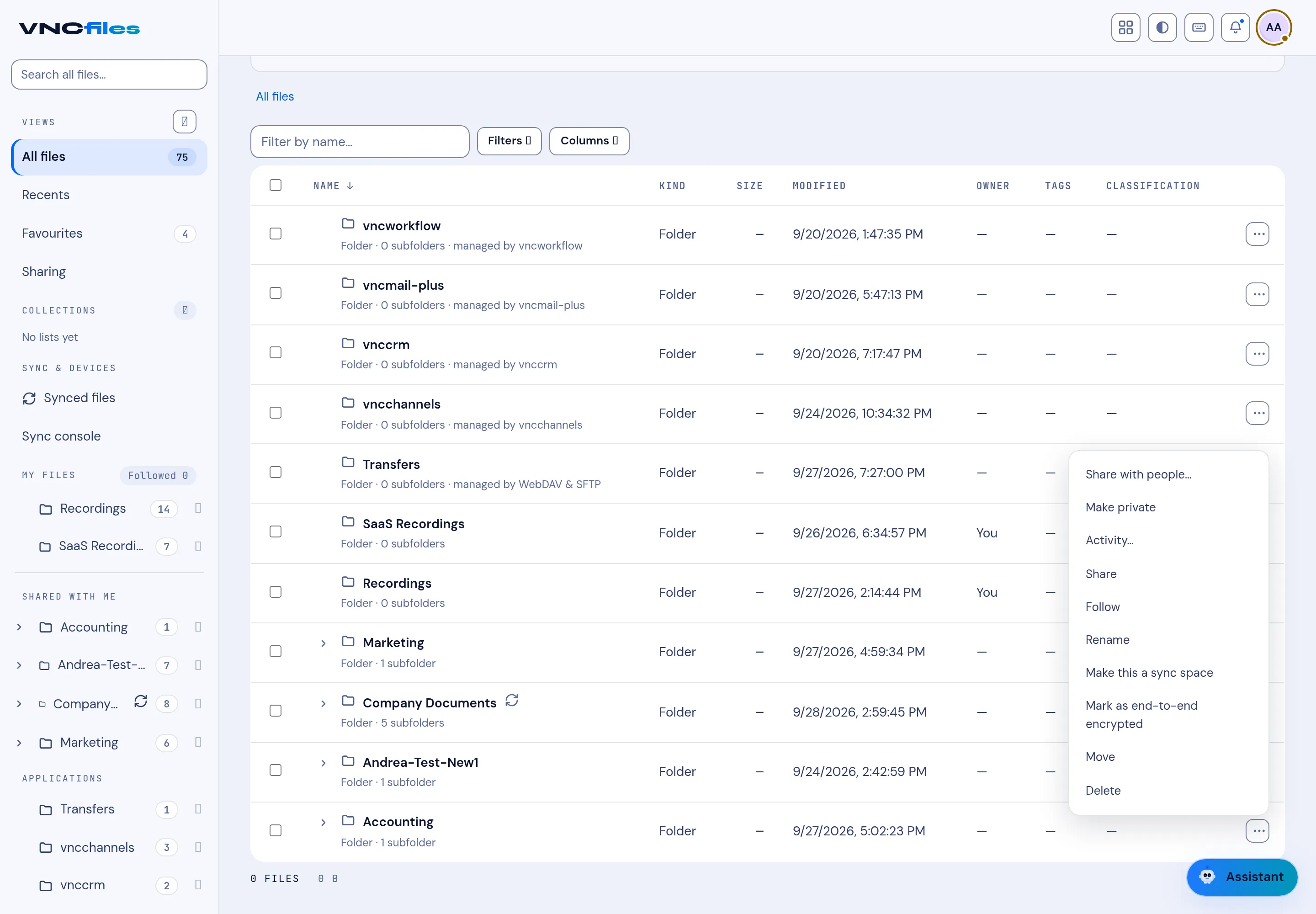 The ⋯ menu on a file in VNCfiles