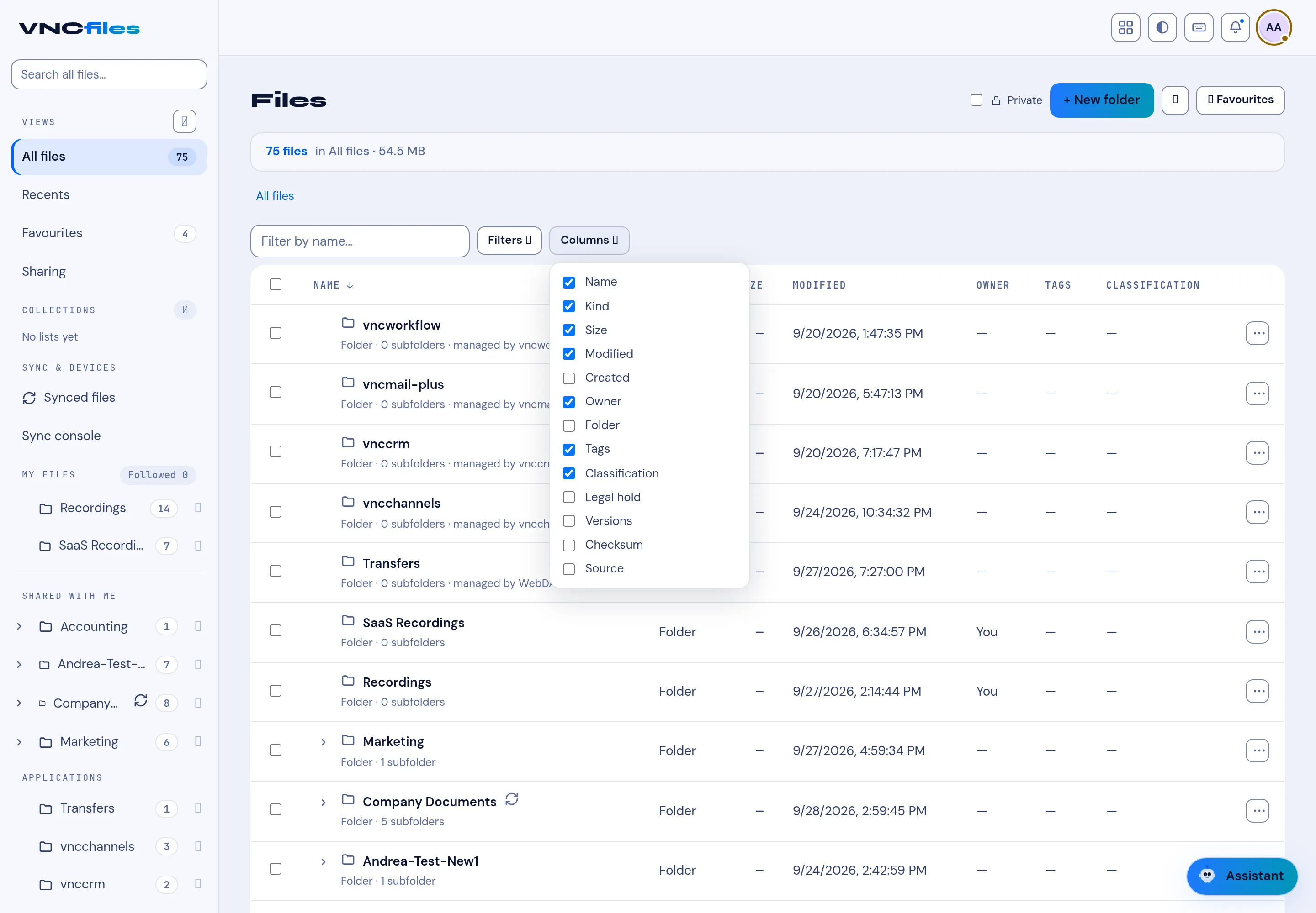 The Columns picker, with Name, Kind, Size, Modified, Created, Owner, Folder, Tags, Classification, Legal hold, Versions, Checksum and Source