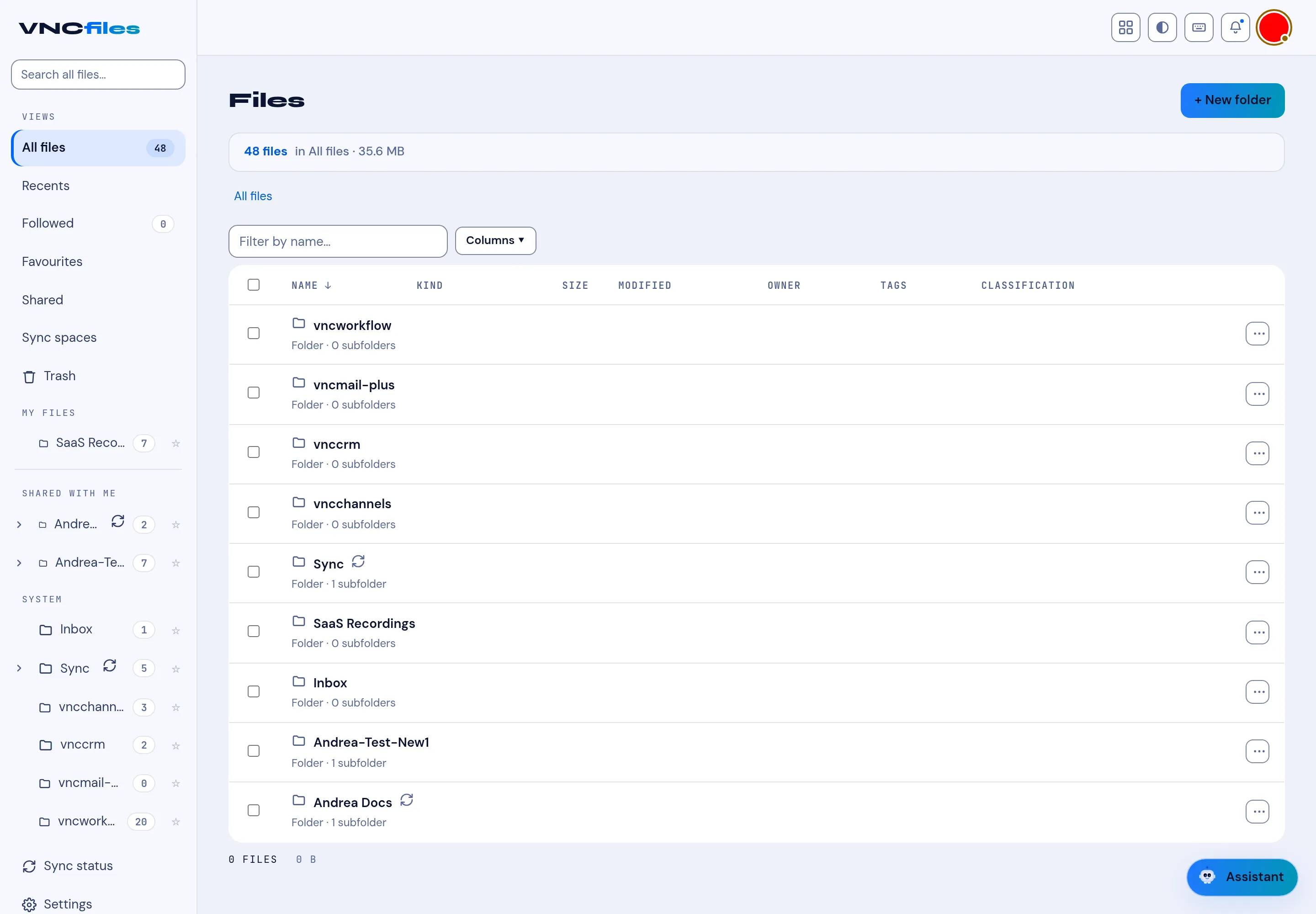 The VNCfiles sidebar with Only followed, Favourites, Sharing and Synced files