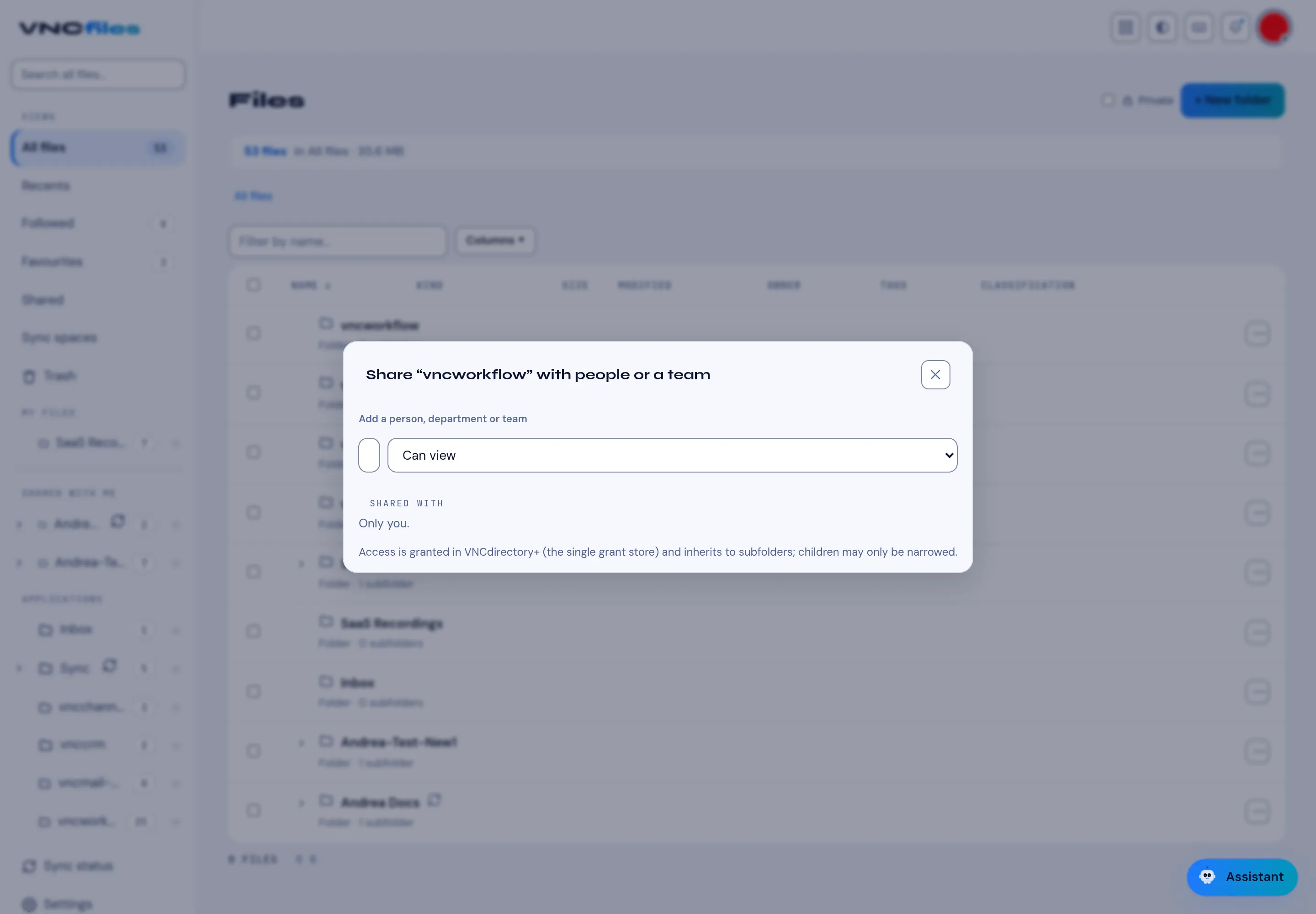The Share dialog: add a person, department or team, with the Shared with list