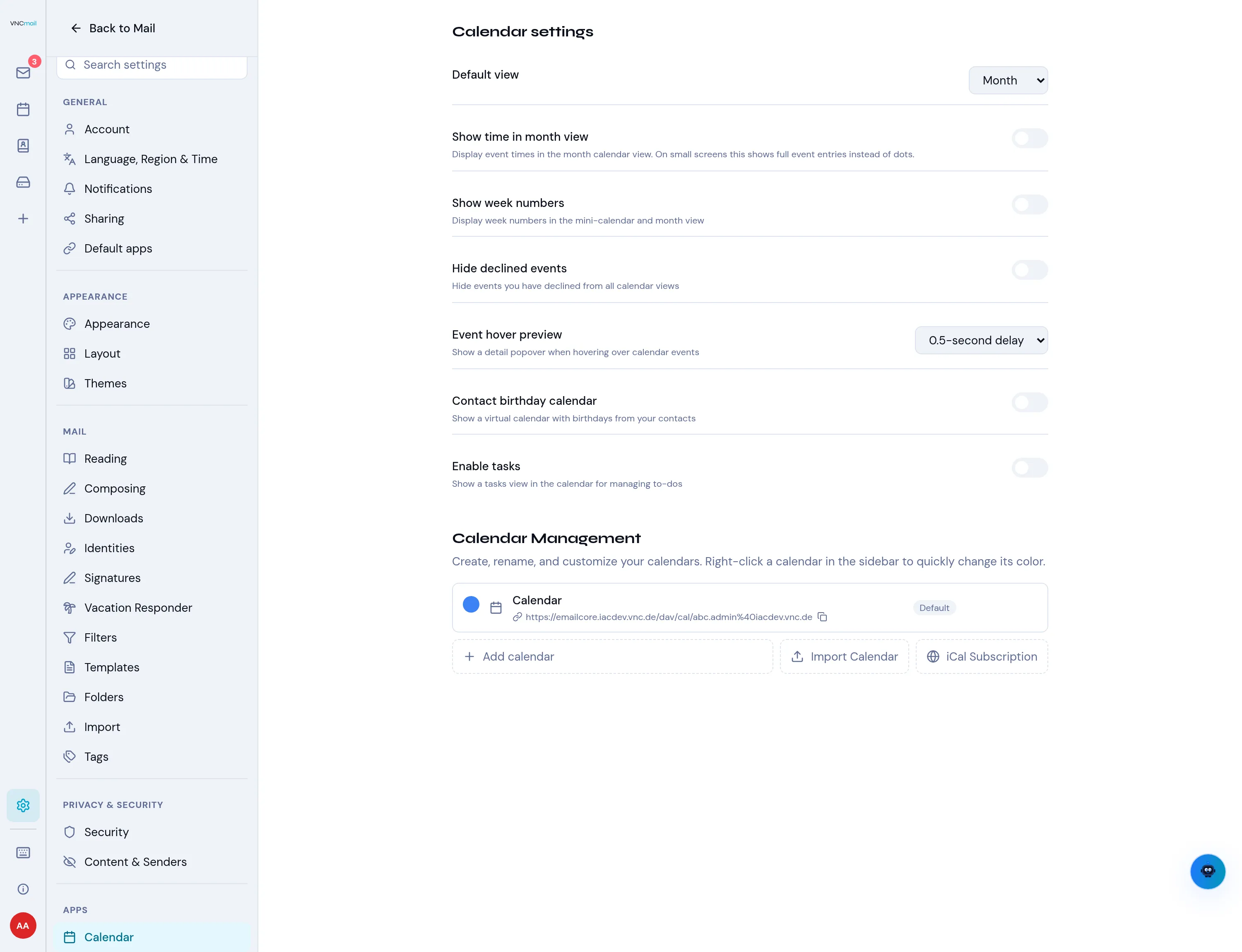 Calendar settings: Add calendar, Import Calendar and iCal Subscription
