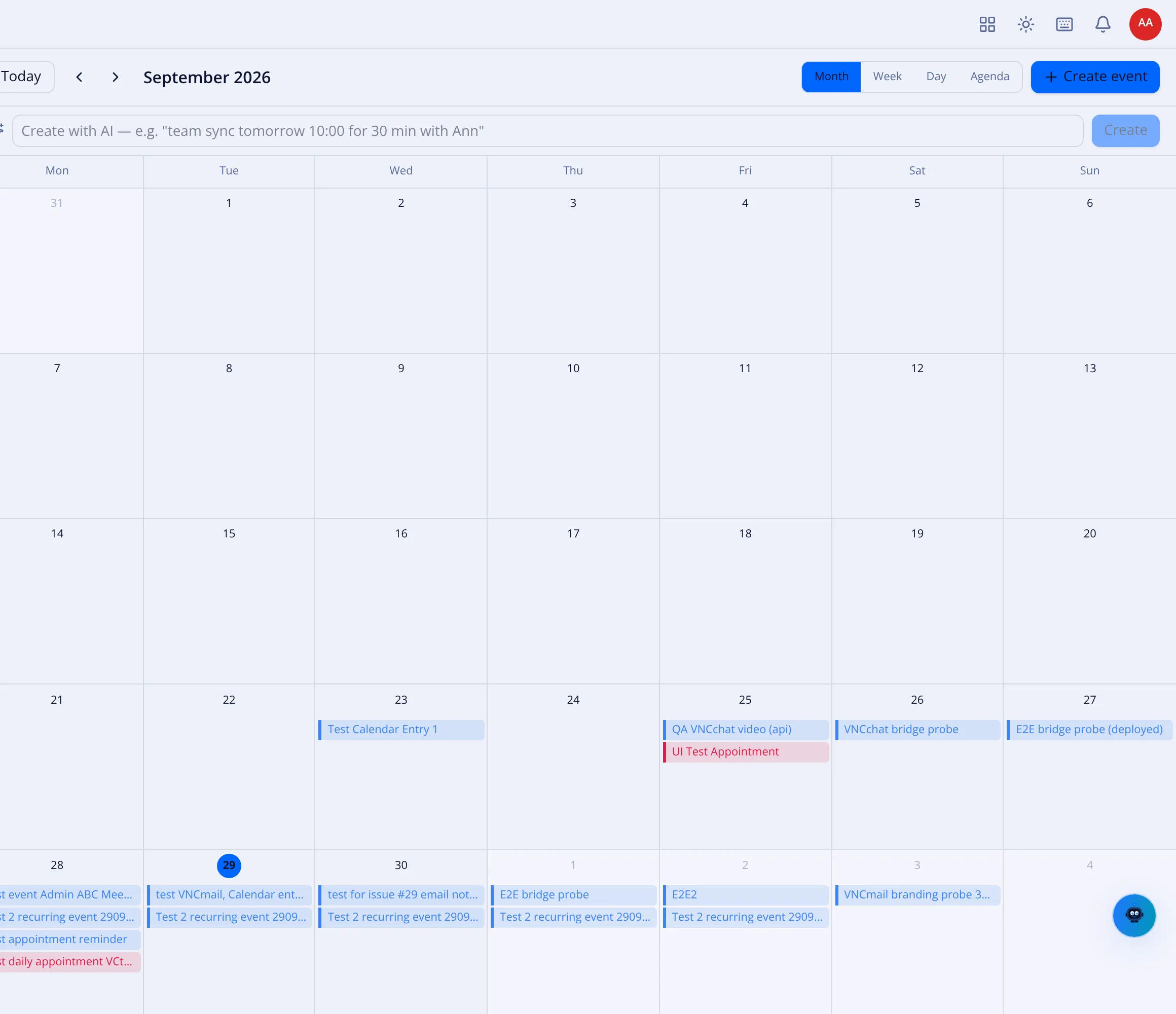 The month view with the AI create box and the Create event button