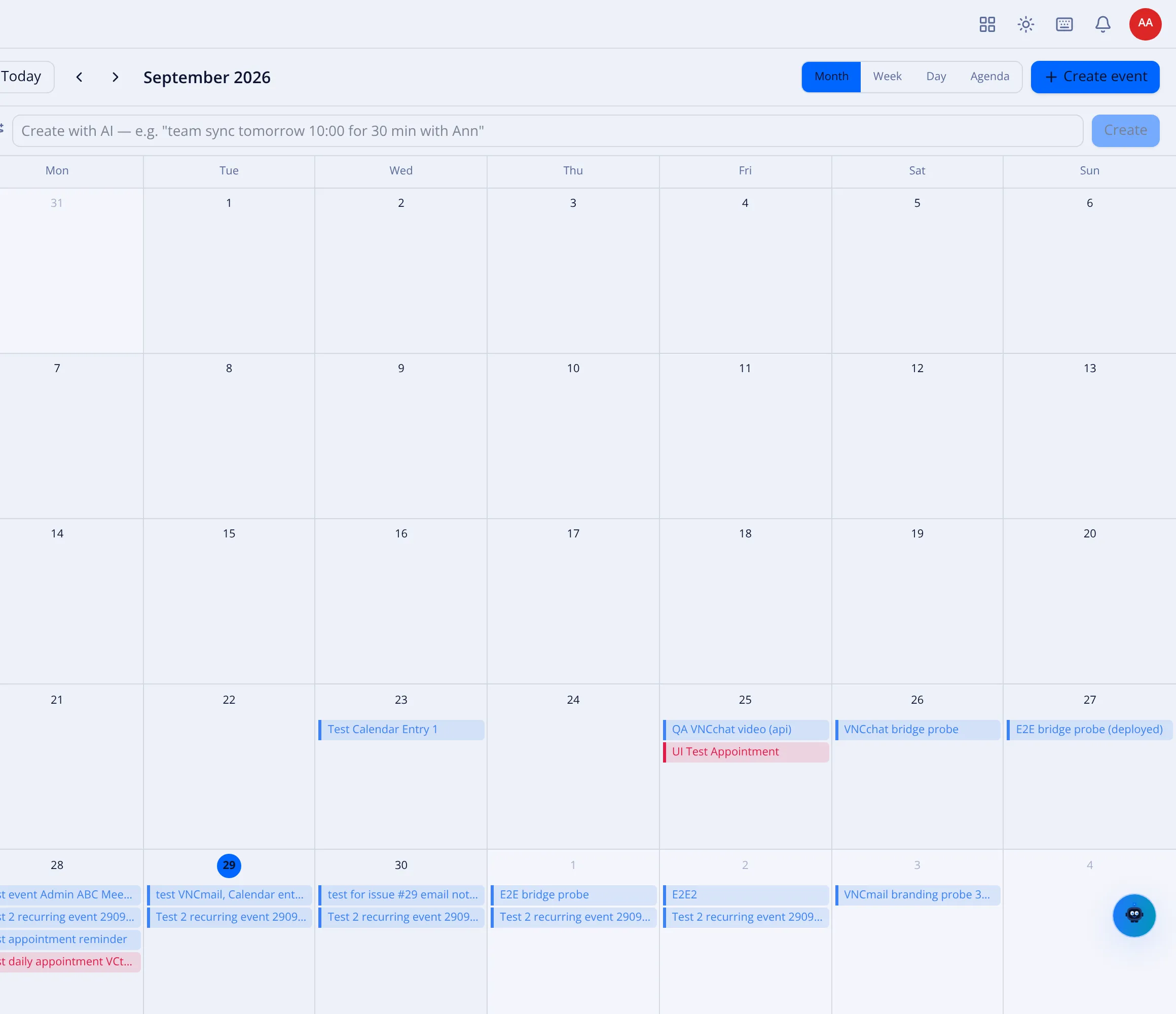 The month calendar in VNCmail+ with events and the Create with AI bar