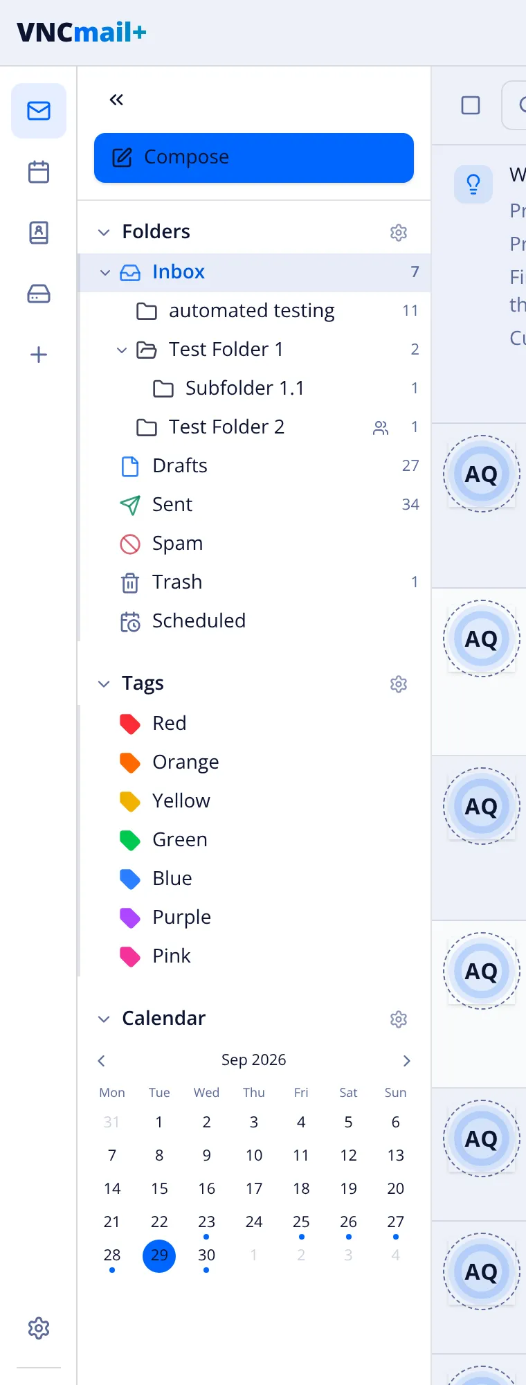 The VNCmail+ sidebars: app rail, Folders, Tags and the Calendar
