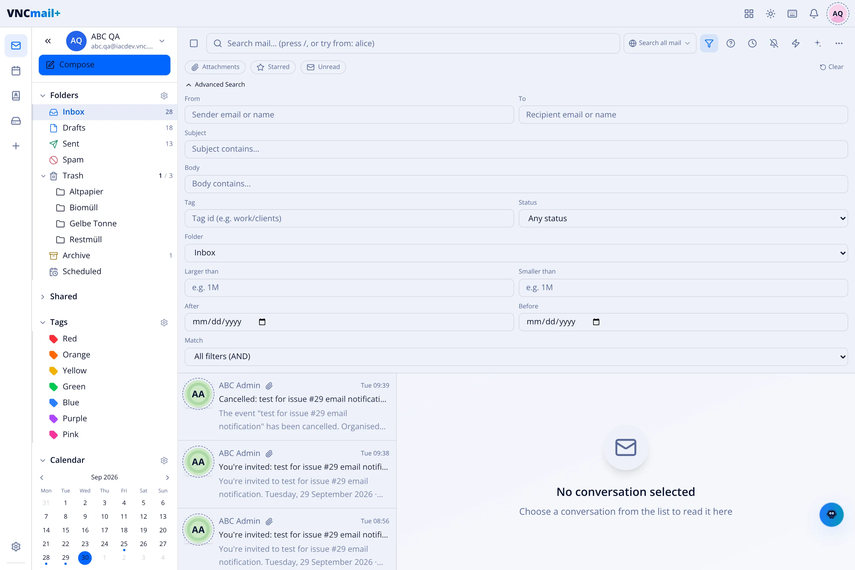 The Advanced Search panel with the fields and the Match control