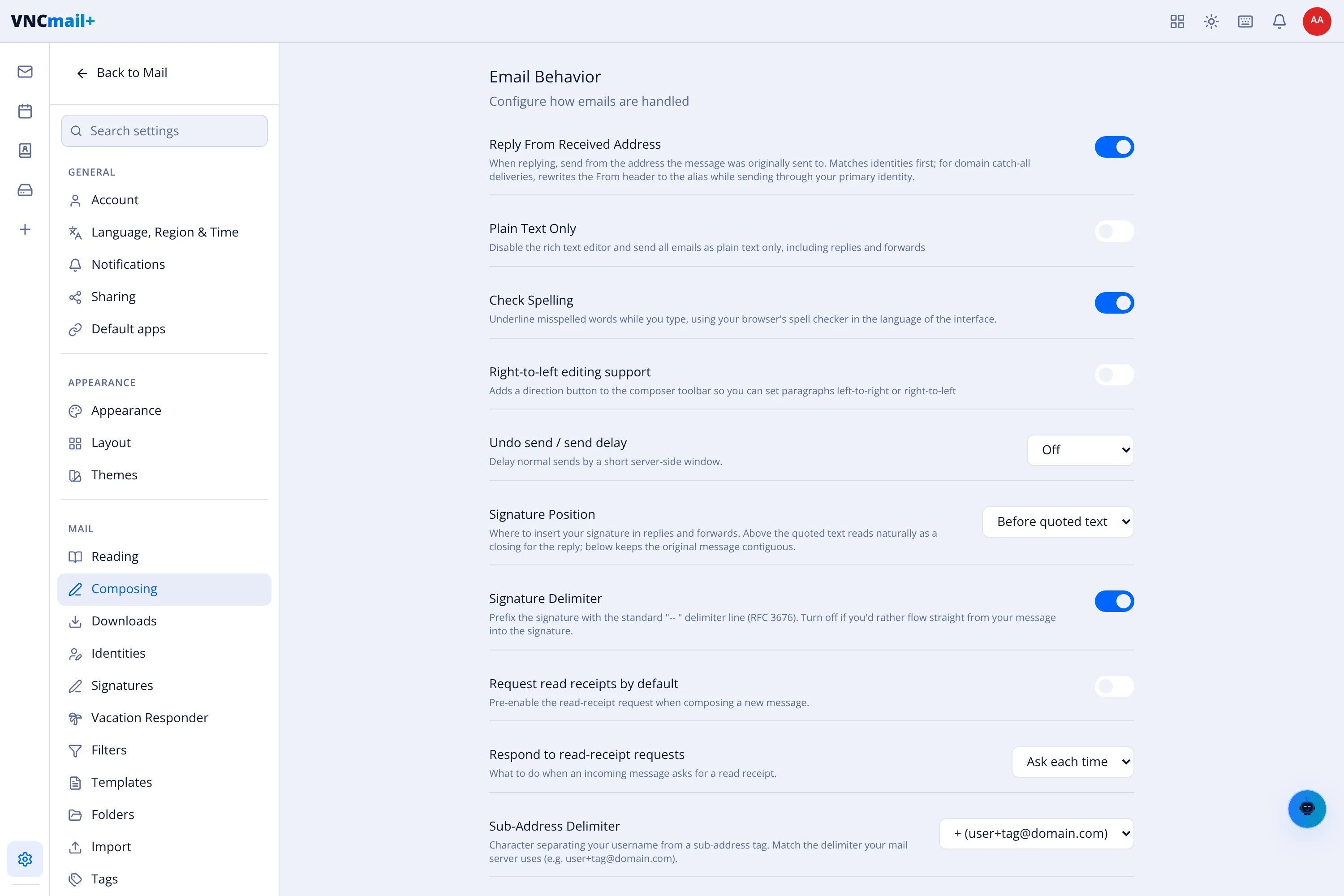 The Composing (Email Behavior) settings