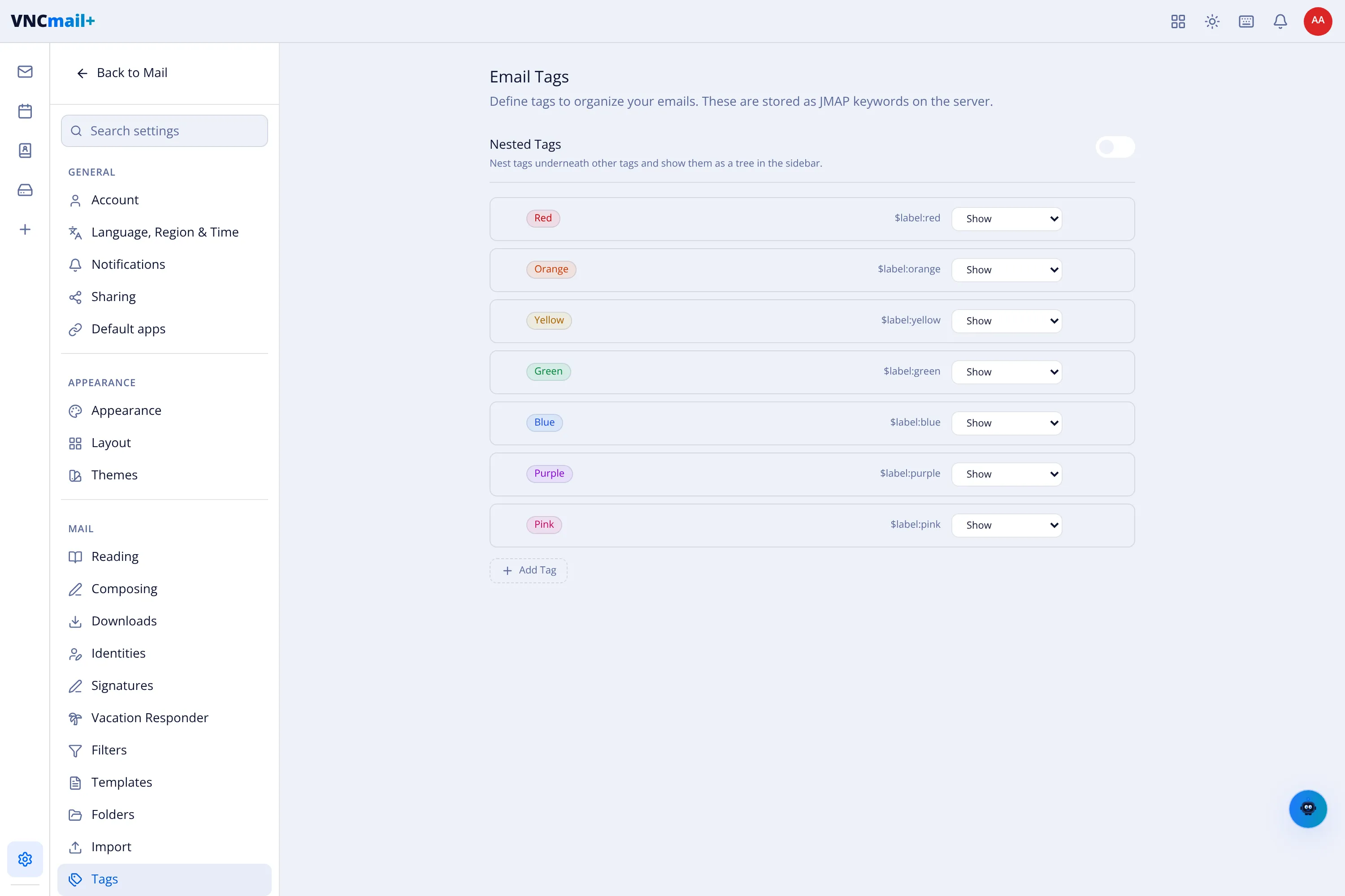 The Email Tags settings with the colour tags and their JMAP keywords