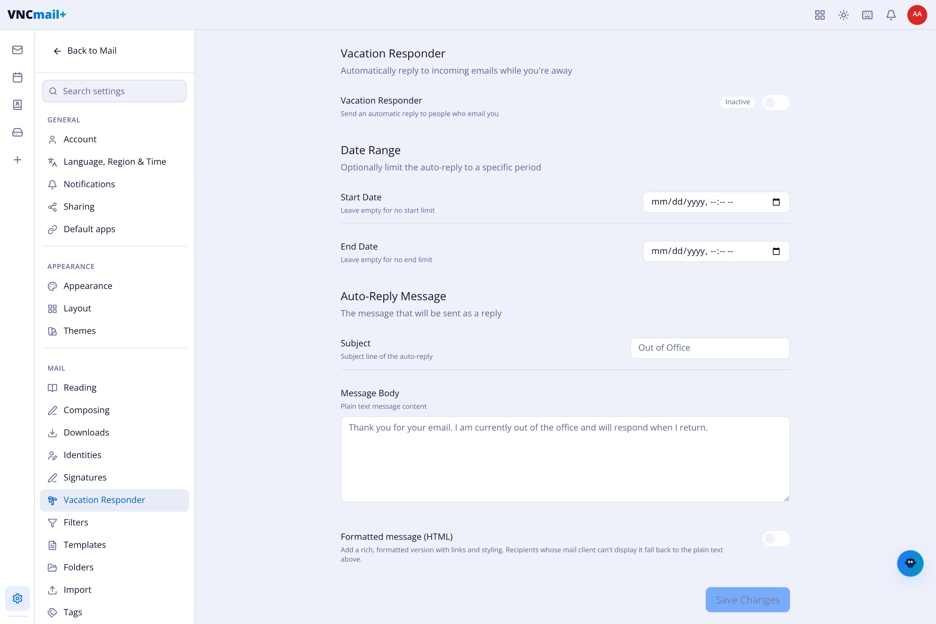 The Vacation Responder settings with date range and message