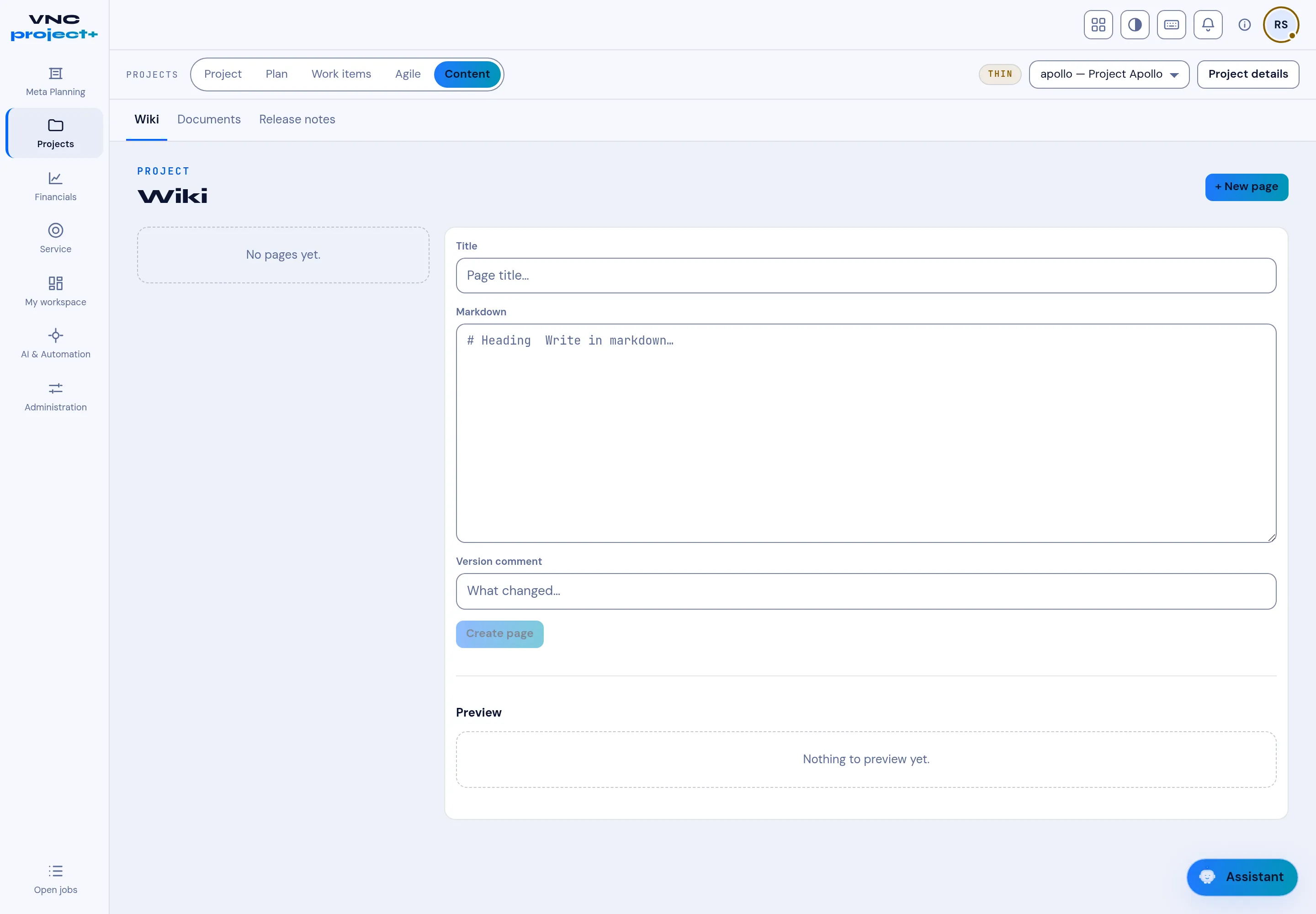 The Content tab’s Wiki editor with title, markdown, version comment and preview