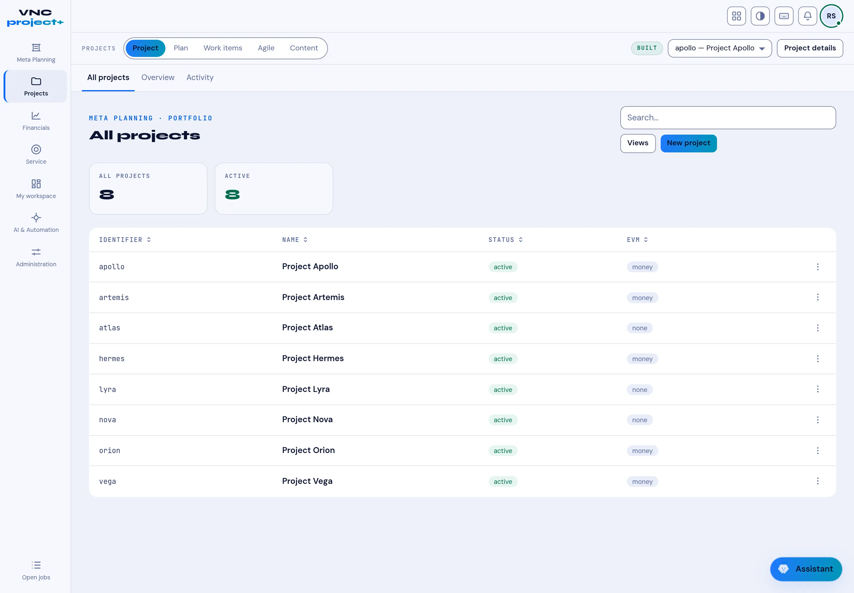 The All projects list with status and EVM columns
