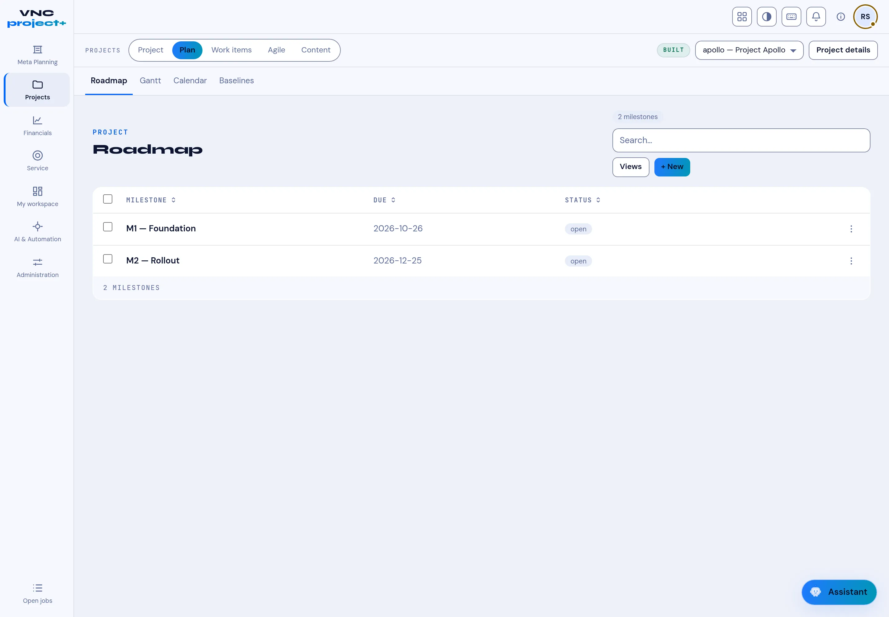 The Plan tab’s Roadmap with milestones, due dates and status