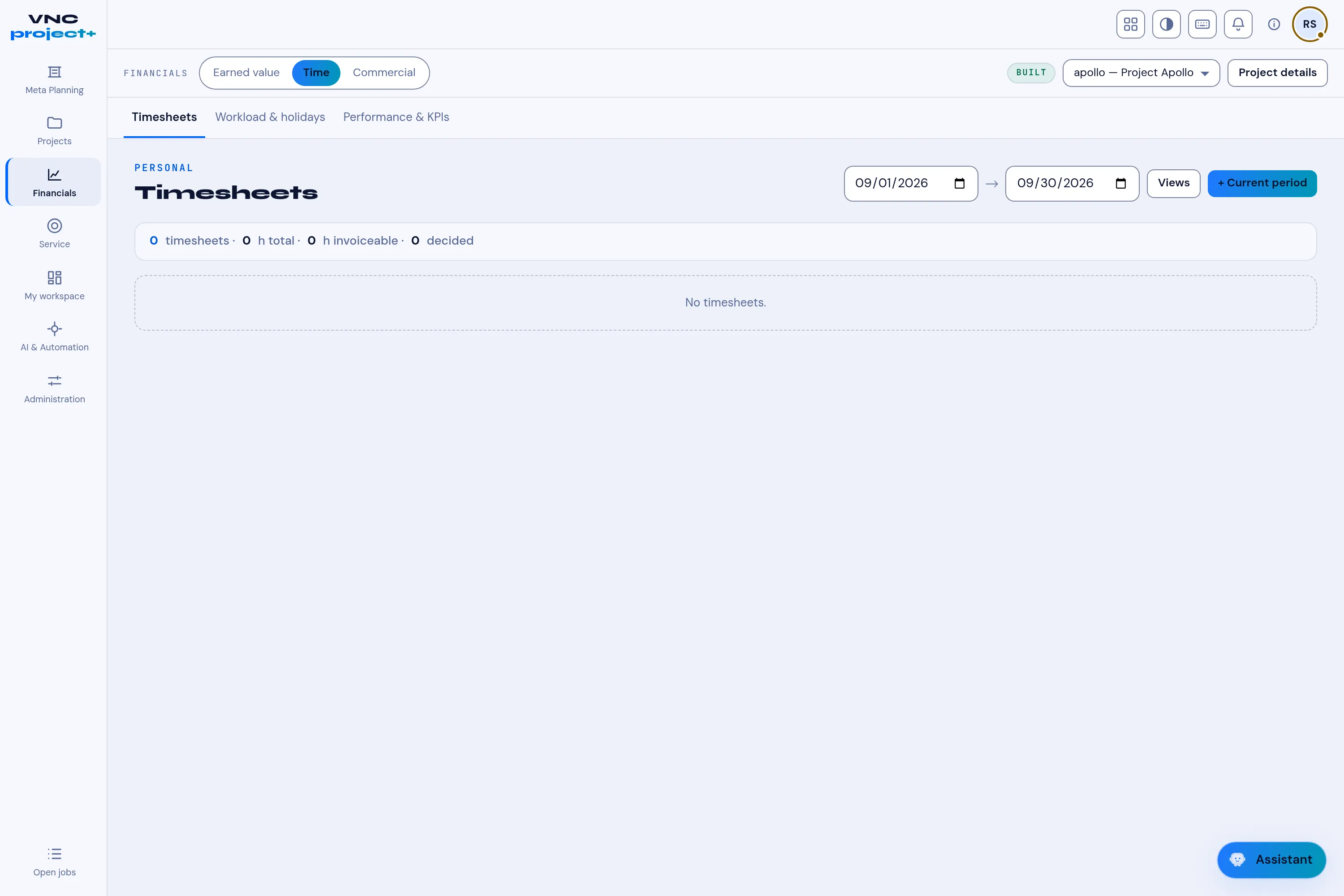 The Financials → Time → Timesheets view with the period controls
