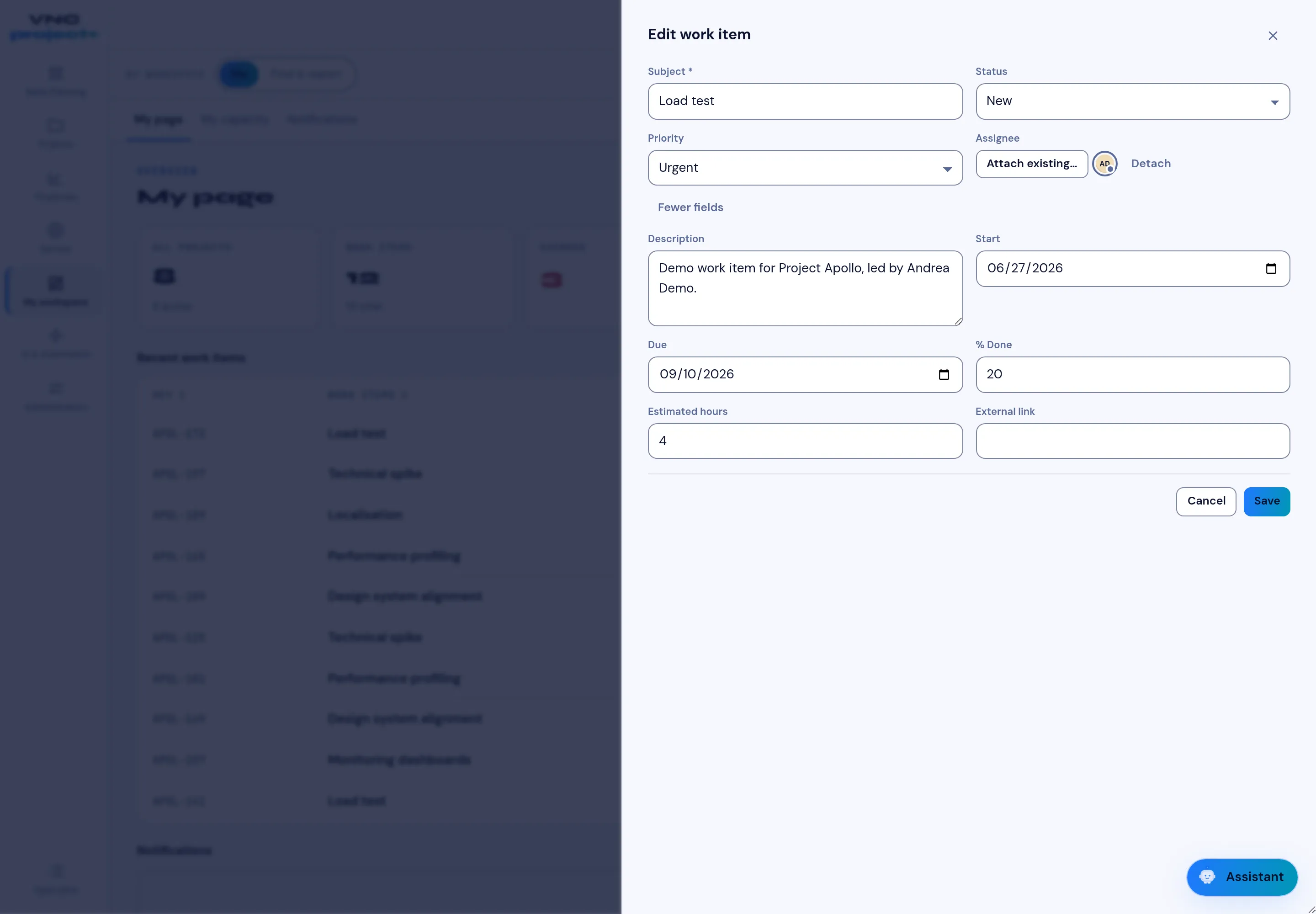 The Edit work item dialog with the full field set, including External link