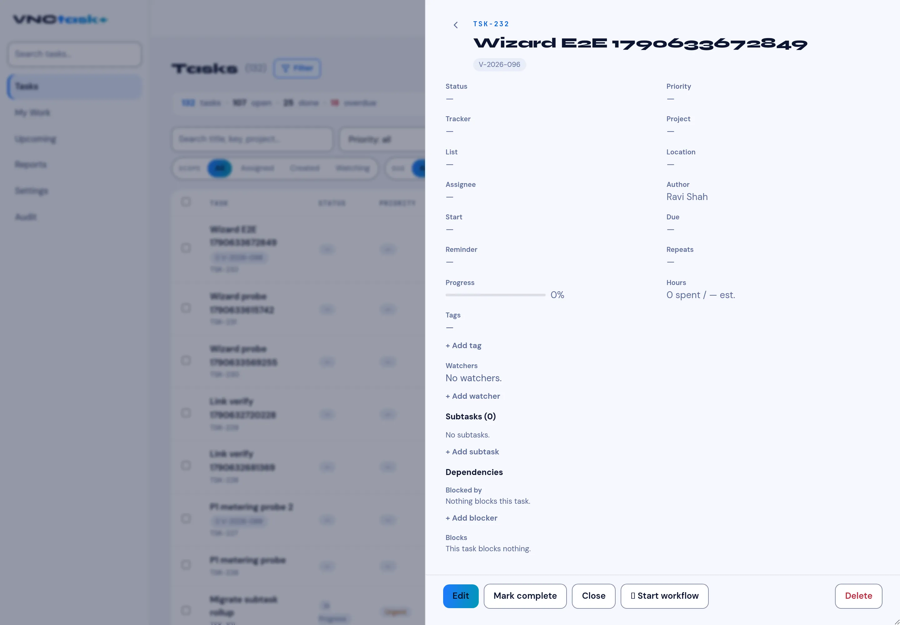 A task’s page with fields, the workflow chip (V-2026-096) under the title, tags, watchers, subtasks and dependencies