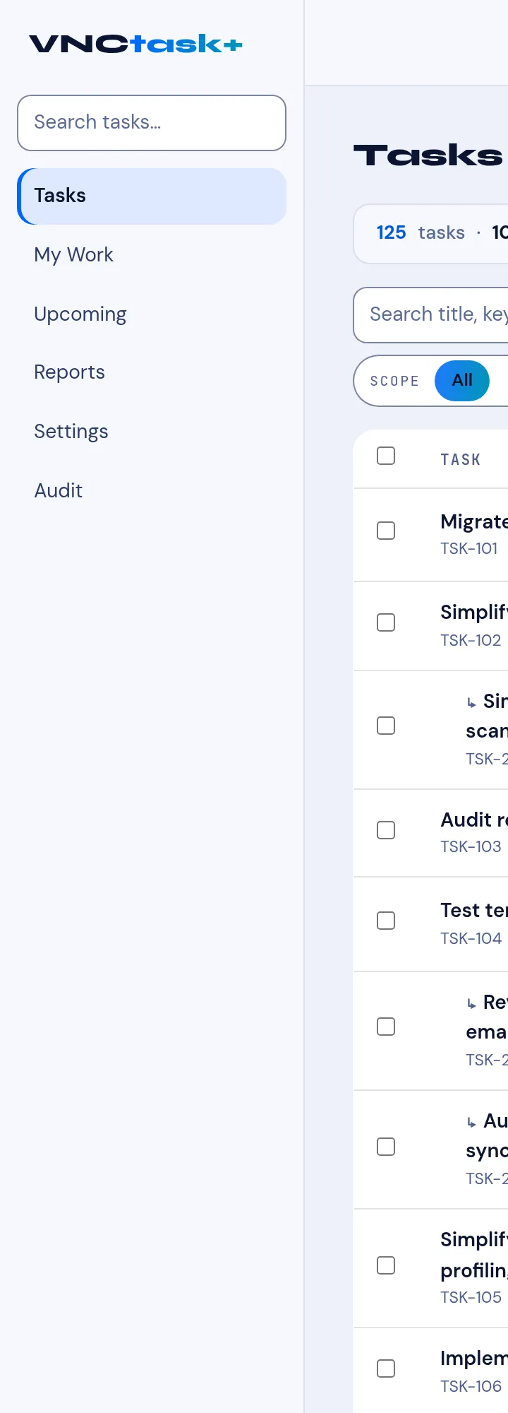 The VNCtask+ sidebar: Tasks, My Work, Upcoming, Reports, Settings, Audit