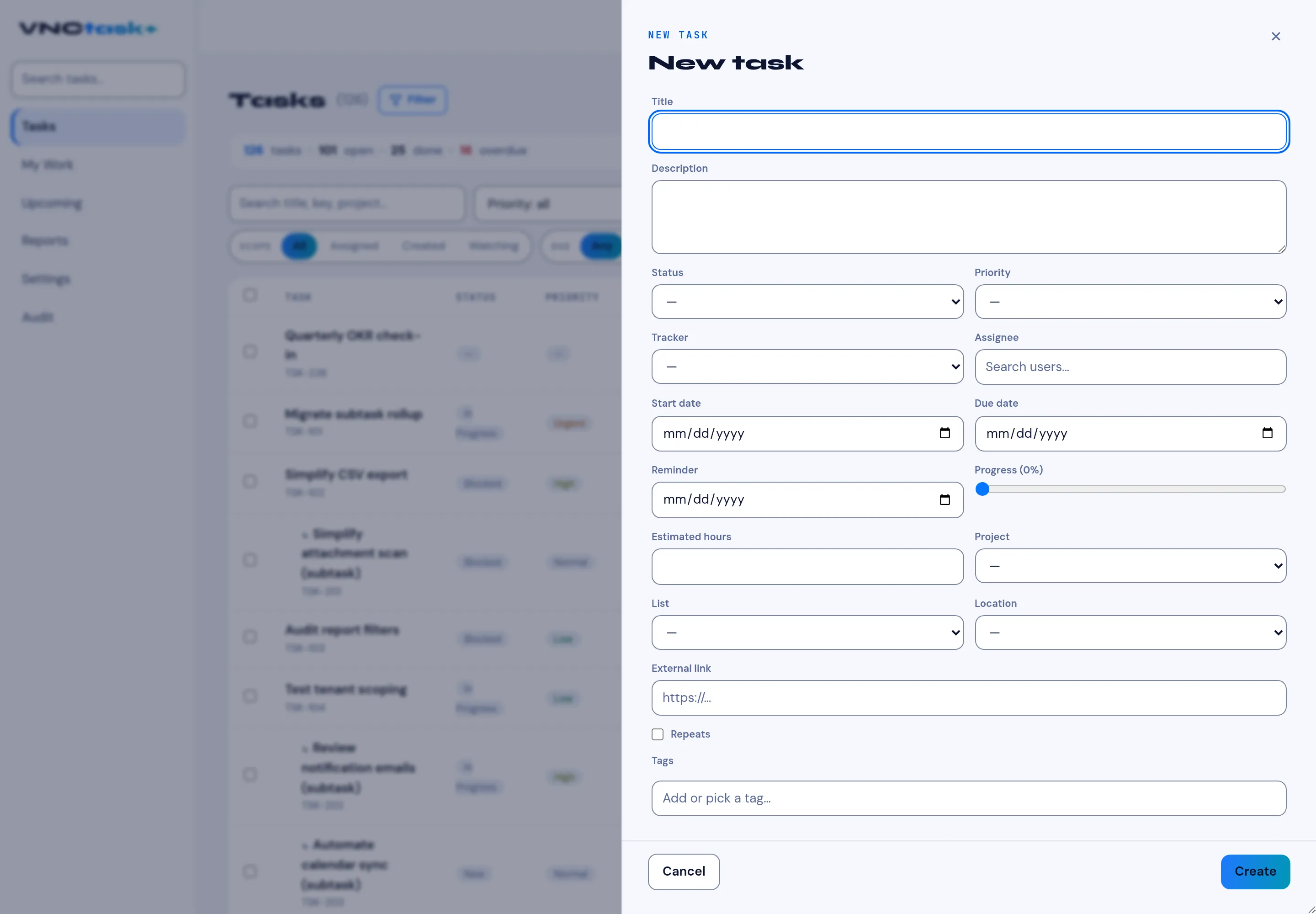 The New task form with all fields
