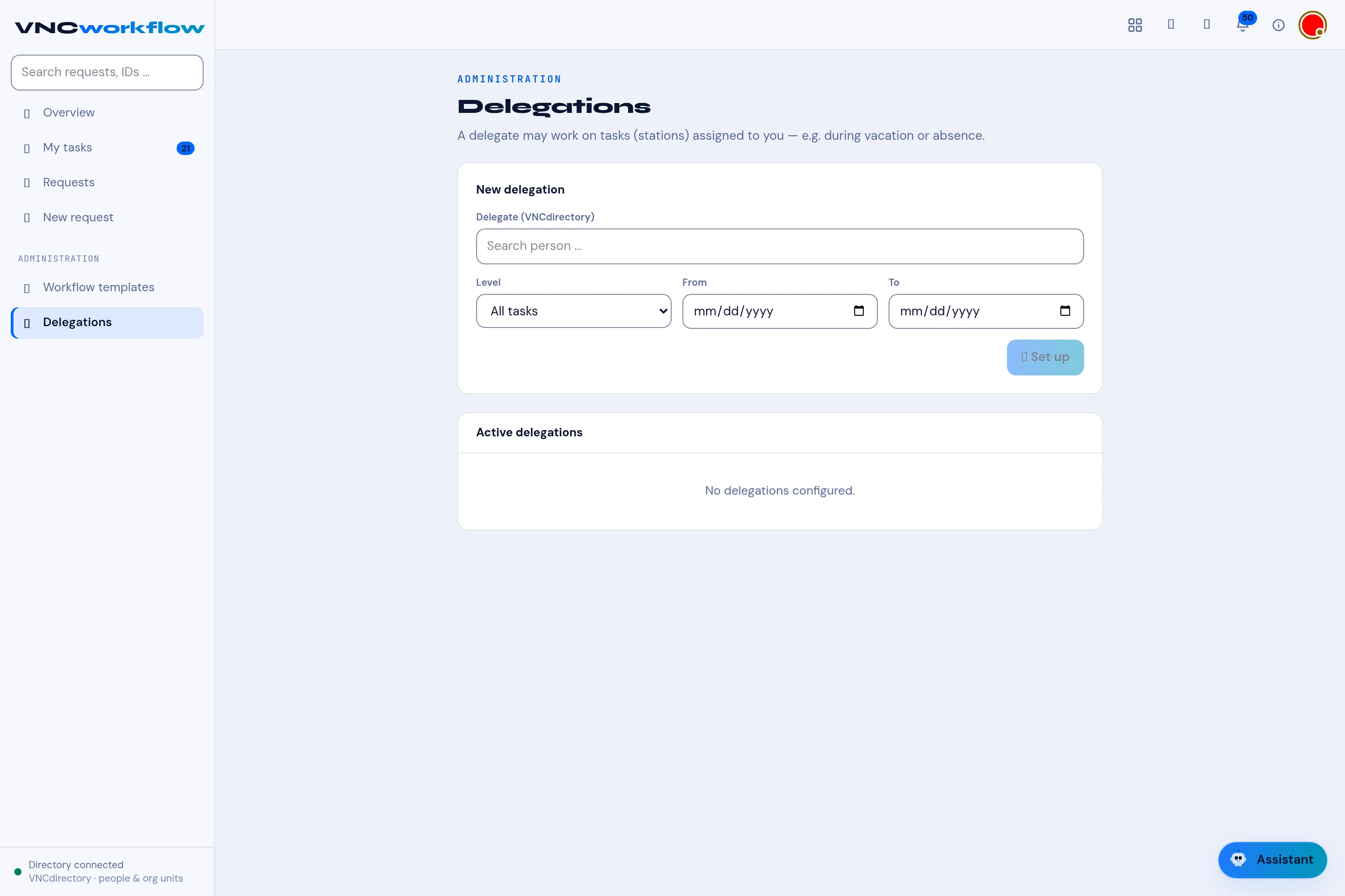 The Delegations page: set up a new delegation and see the active ones