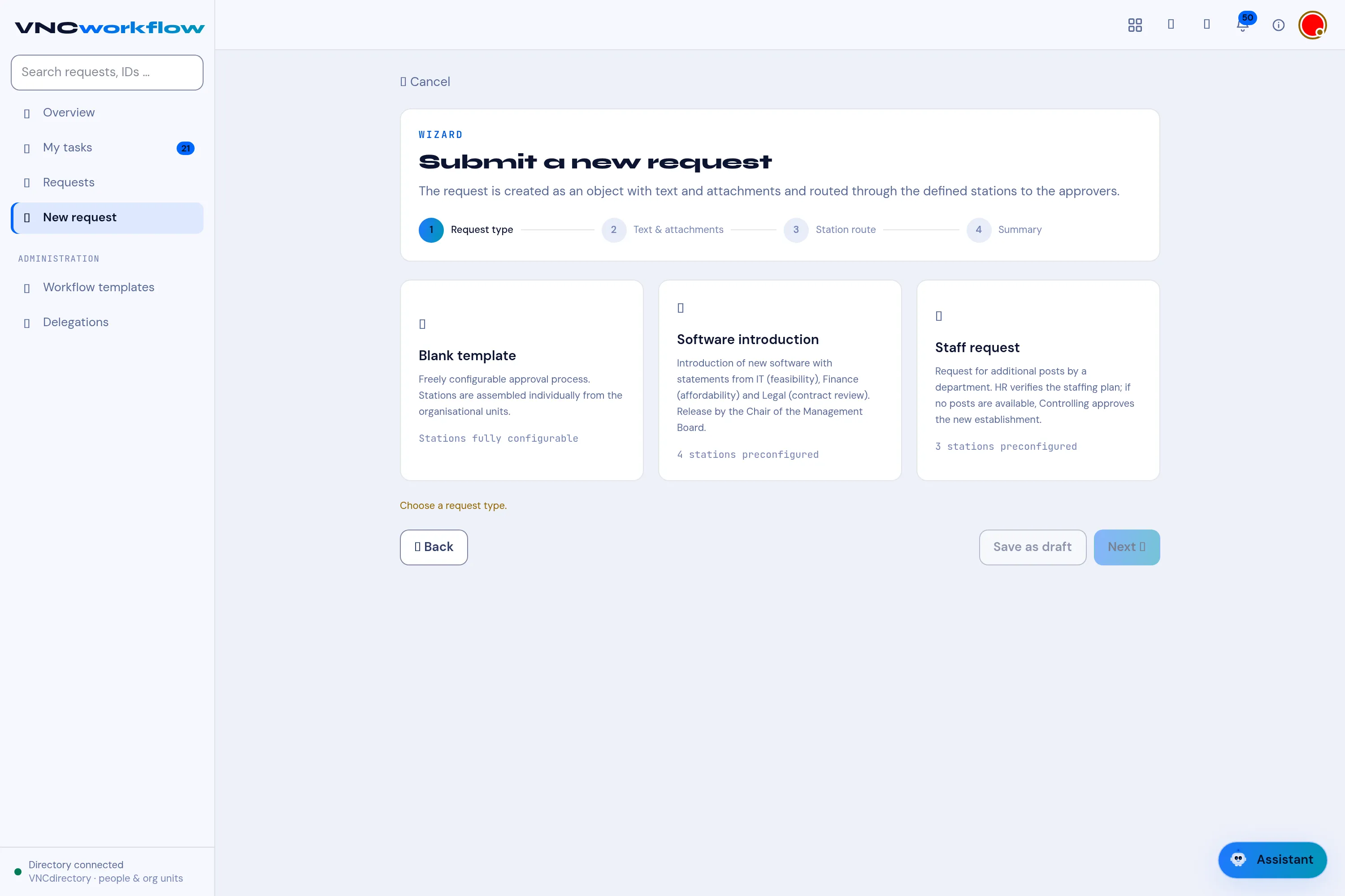 The Submit-a-new-request wizard at the request-type step